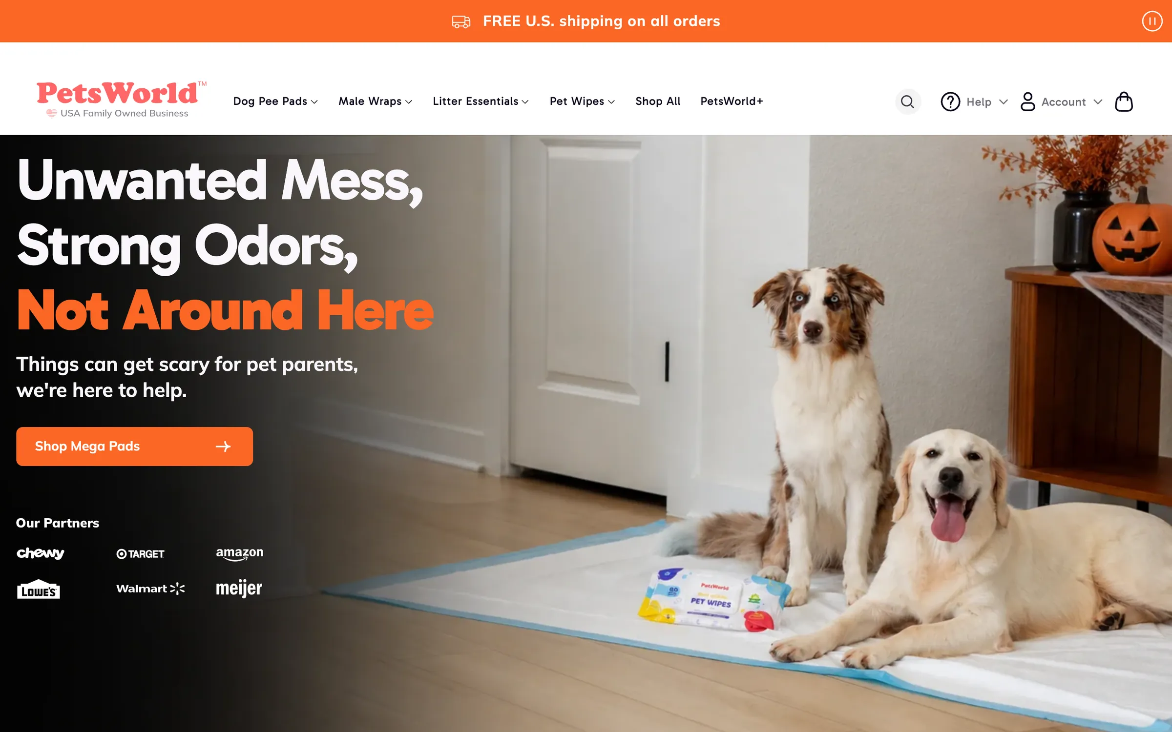 The PetsWorld homepage: two dogs on a pee pad under Unwanted Mess, Strong Odors, Not Around Here, a Shop Mega Pads button and its retail partners