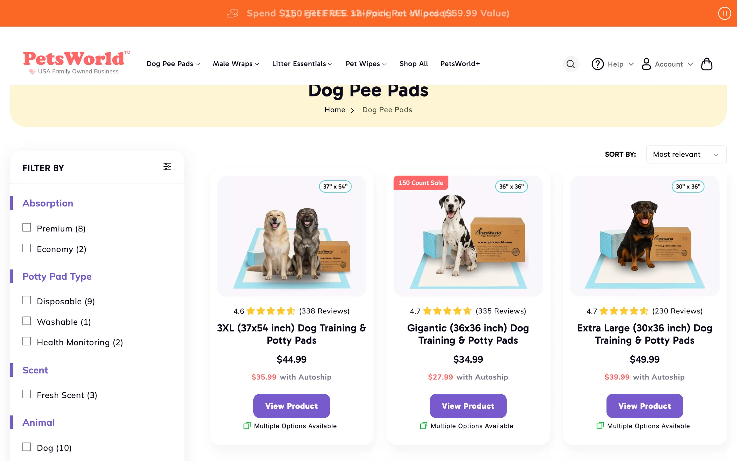 The Dog Pee Pads collection: filters for absorption, pad type, scent and animal beside pads in three sizes, each with its price and its Autoship price