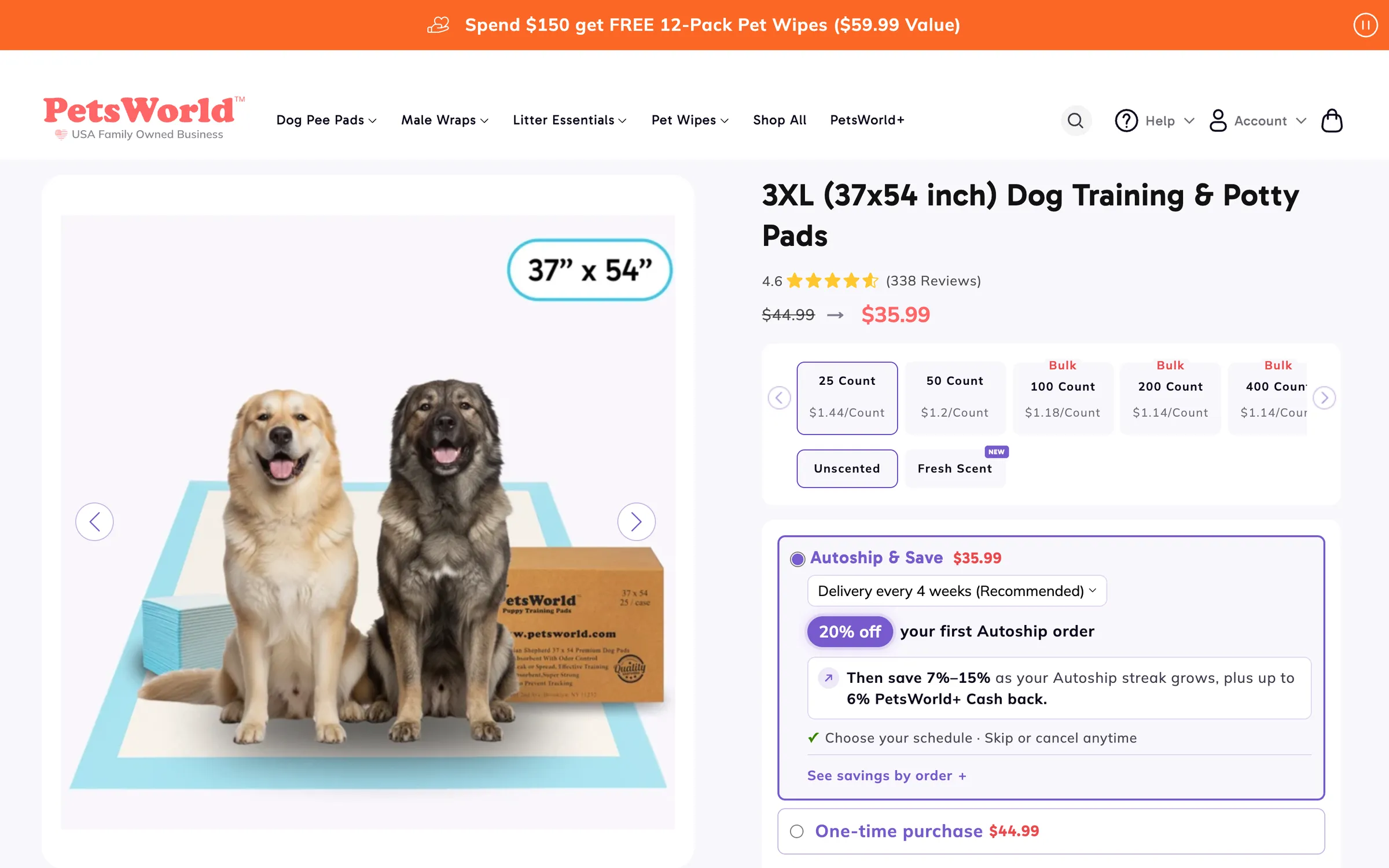 The product page for the 3XL (37x54 inch) Dog Training & Potty Pads: two dogs on the pad, pack sizes from 25 to 400, and Autoship & Save above a one-time purchase