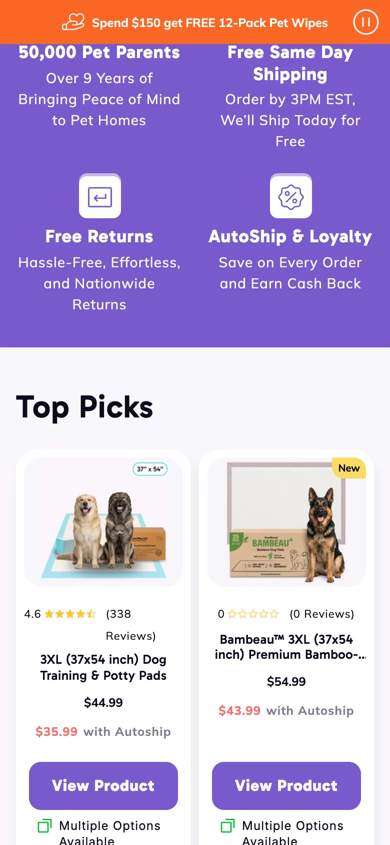 Further down the homepage on a phone: free same day shipping, free returns and Autoship on purple, then Top Picks
