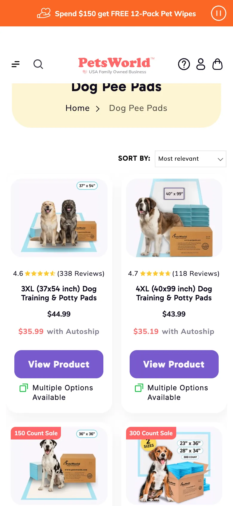 The Dog Pee Pads collection on a phone, two pads to a row with their prices and View Product buttons