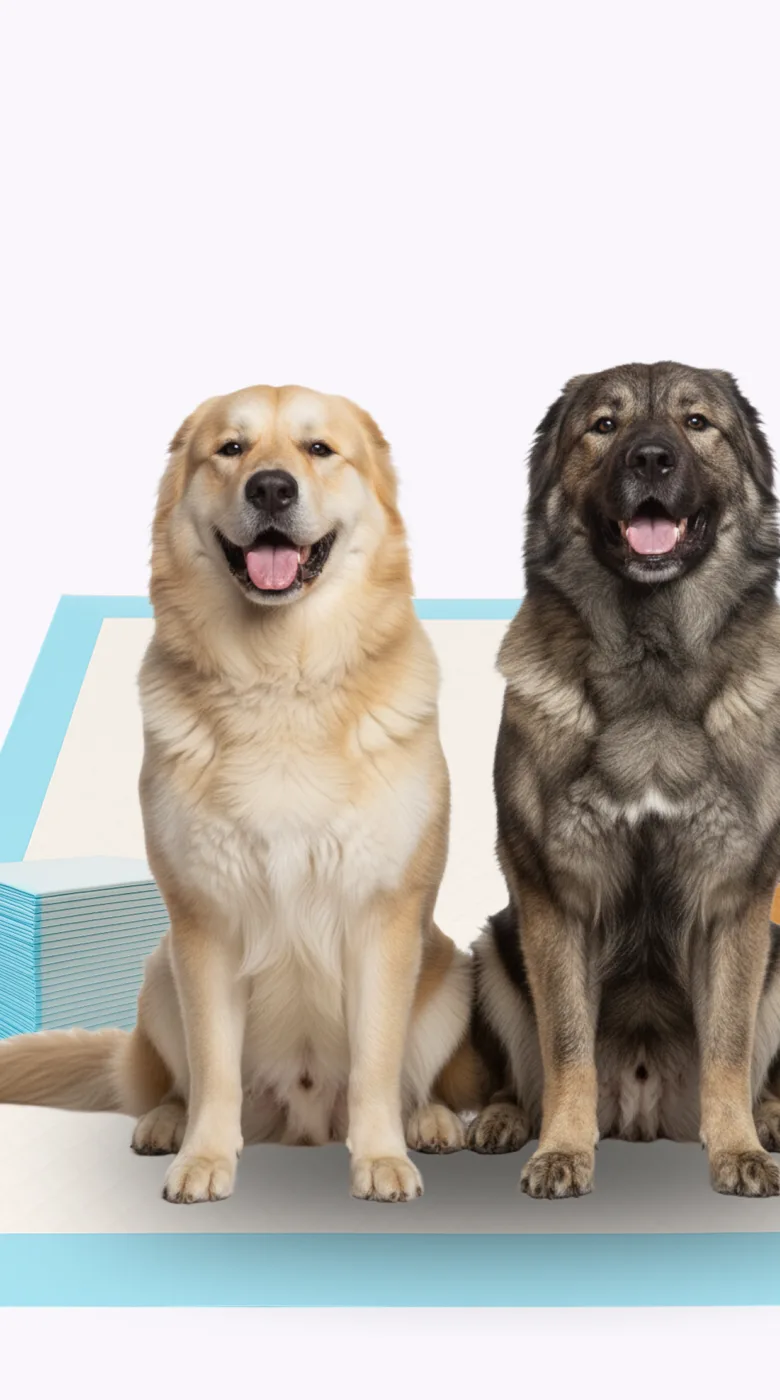 Two dogs sitting on a PetsWorld 3XL pee pad beside its box, on the store's lilac