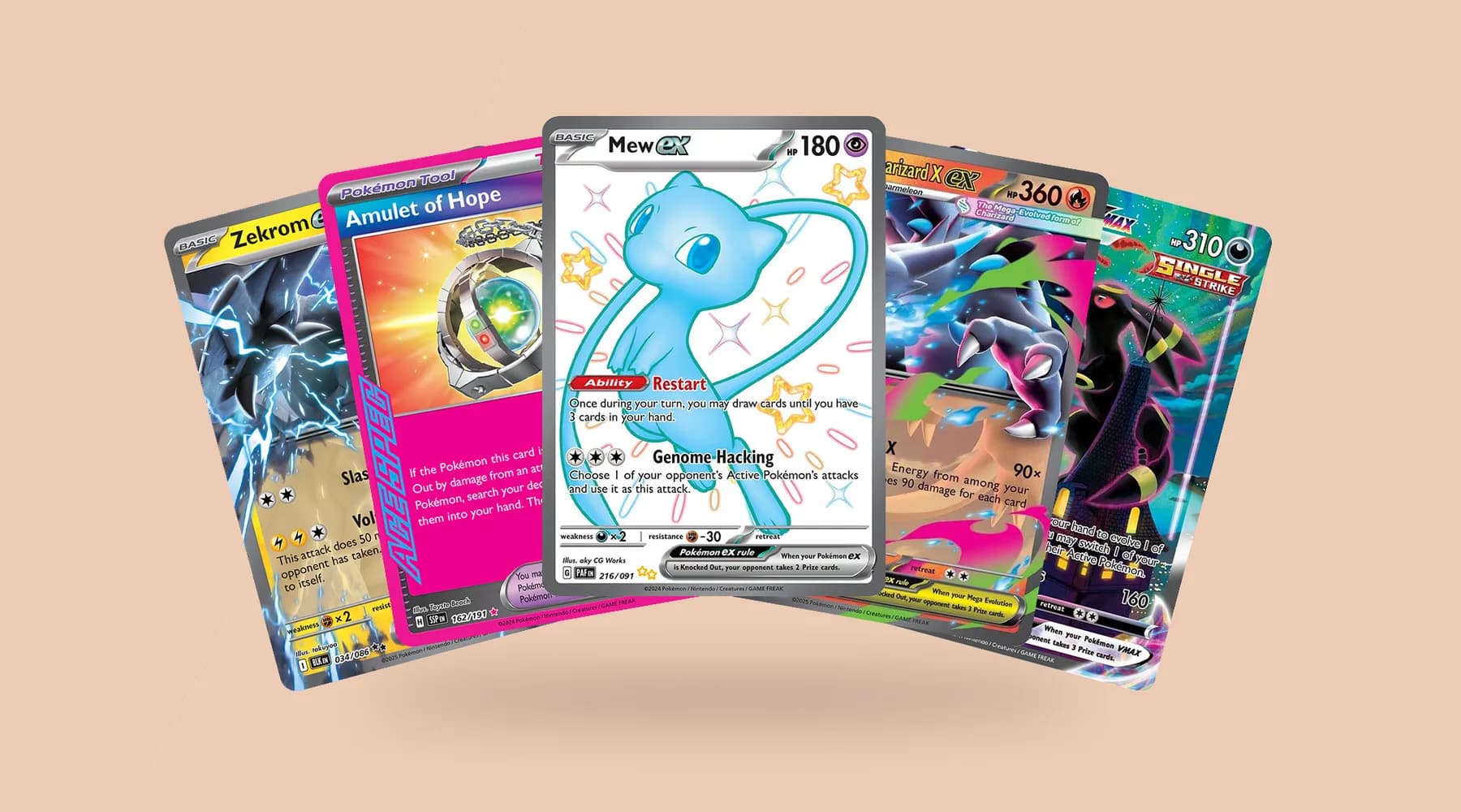 A fan of Pokémon cards with Mew ex in front, on the peach of the Dan123yal Toys+ homepage