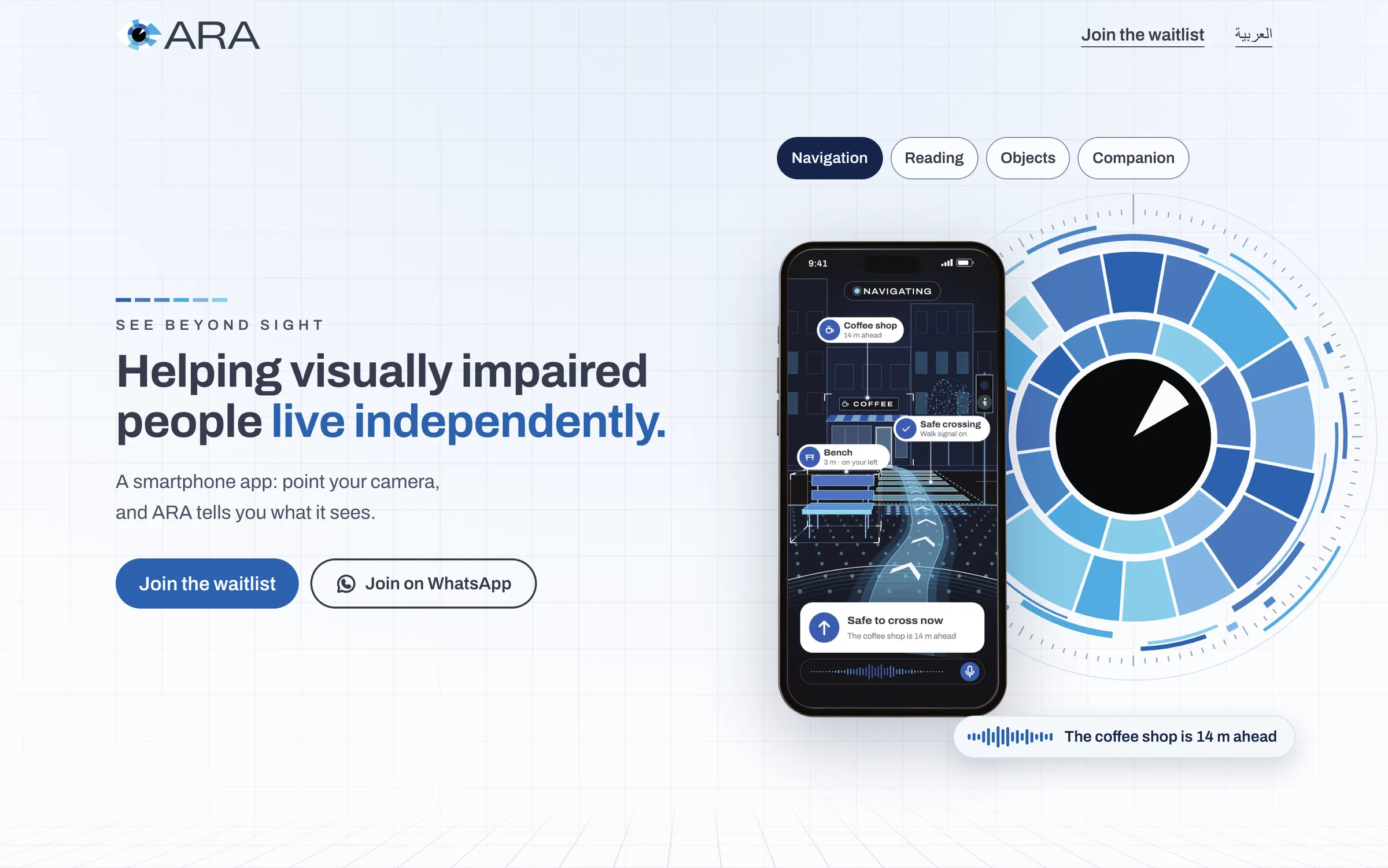 The ARA homepage: Helping visually impaired people live independently, beside a phone in navigation mode in front of a blue iris dial, with Join the waitlist and Join on WhatsApp