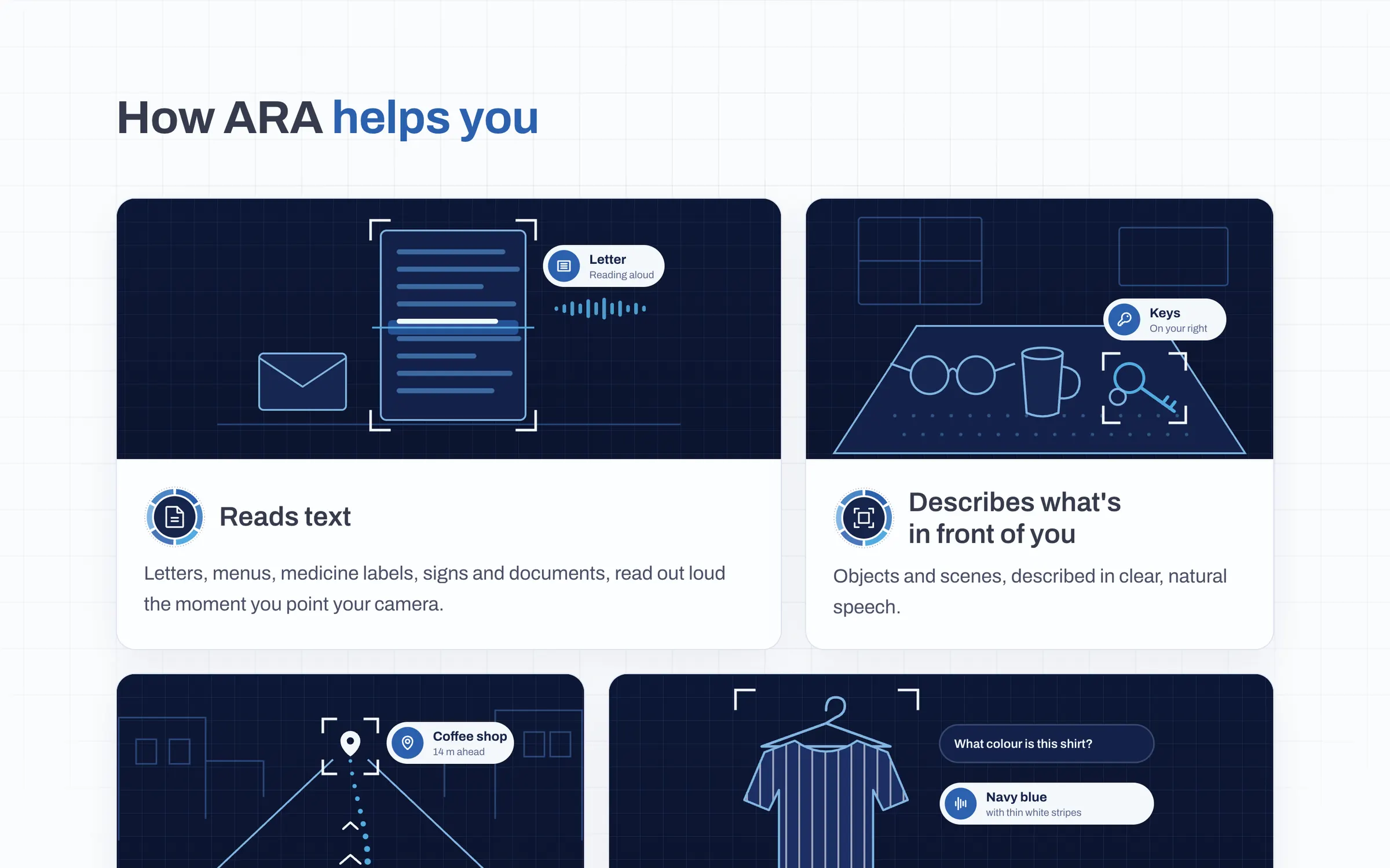 How ARA helps you: cards for reading text and describing what is in front of you, each with a drawn camera view