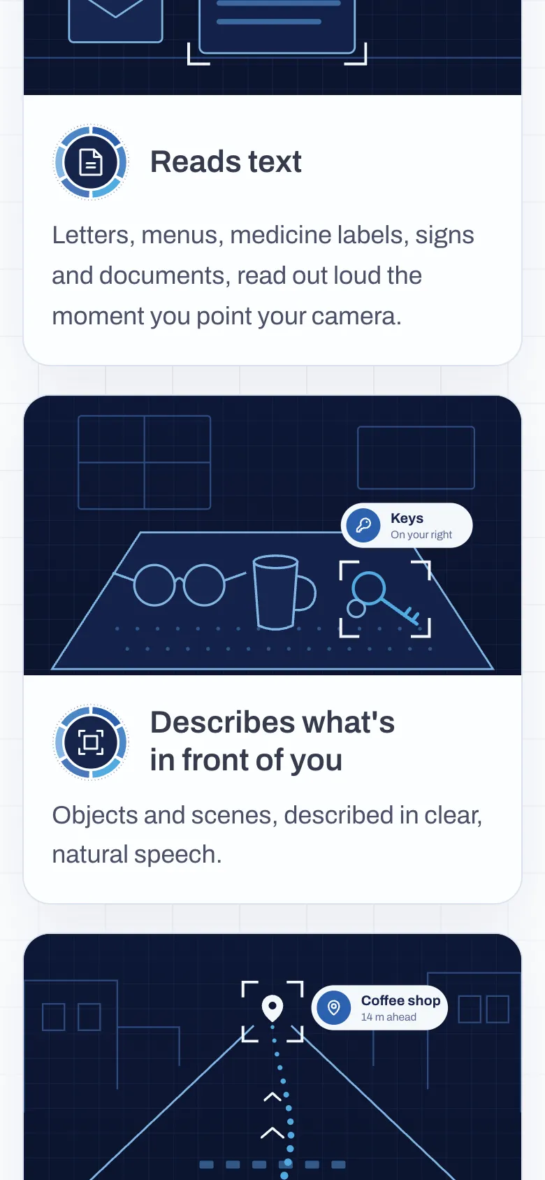 Further down on a phone: the Reads text and Describes cards