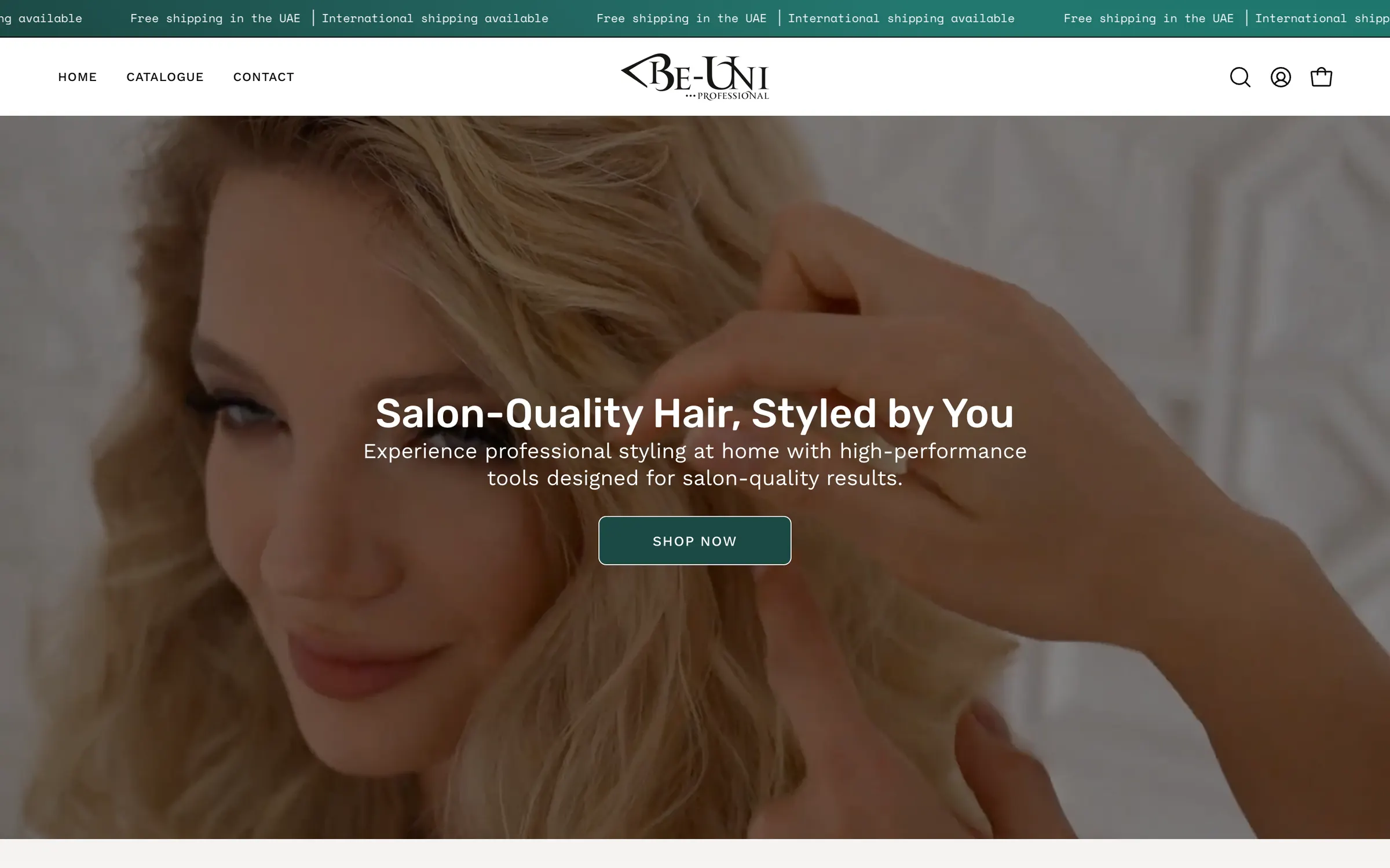The Be-Uni homepage: a woman with long golden waves under the headline Salon-Quality Hair, Styled by You, and a Shop Now button