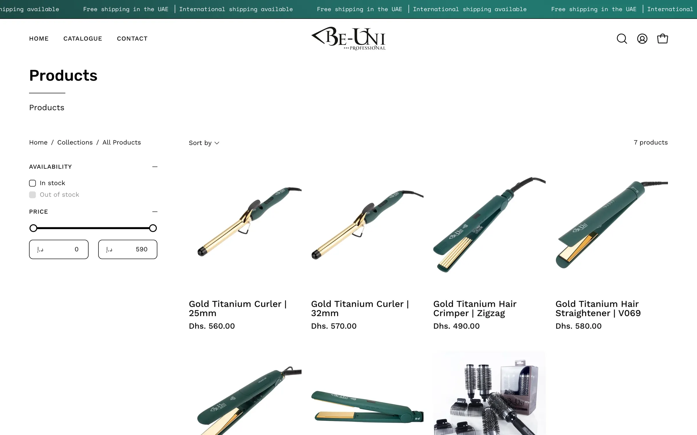 The Products collection: gold titanium curlers, a crimper and straighteners in deep green, with their prices in dirhams