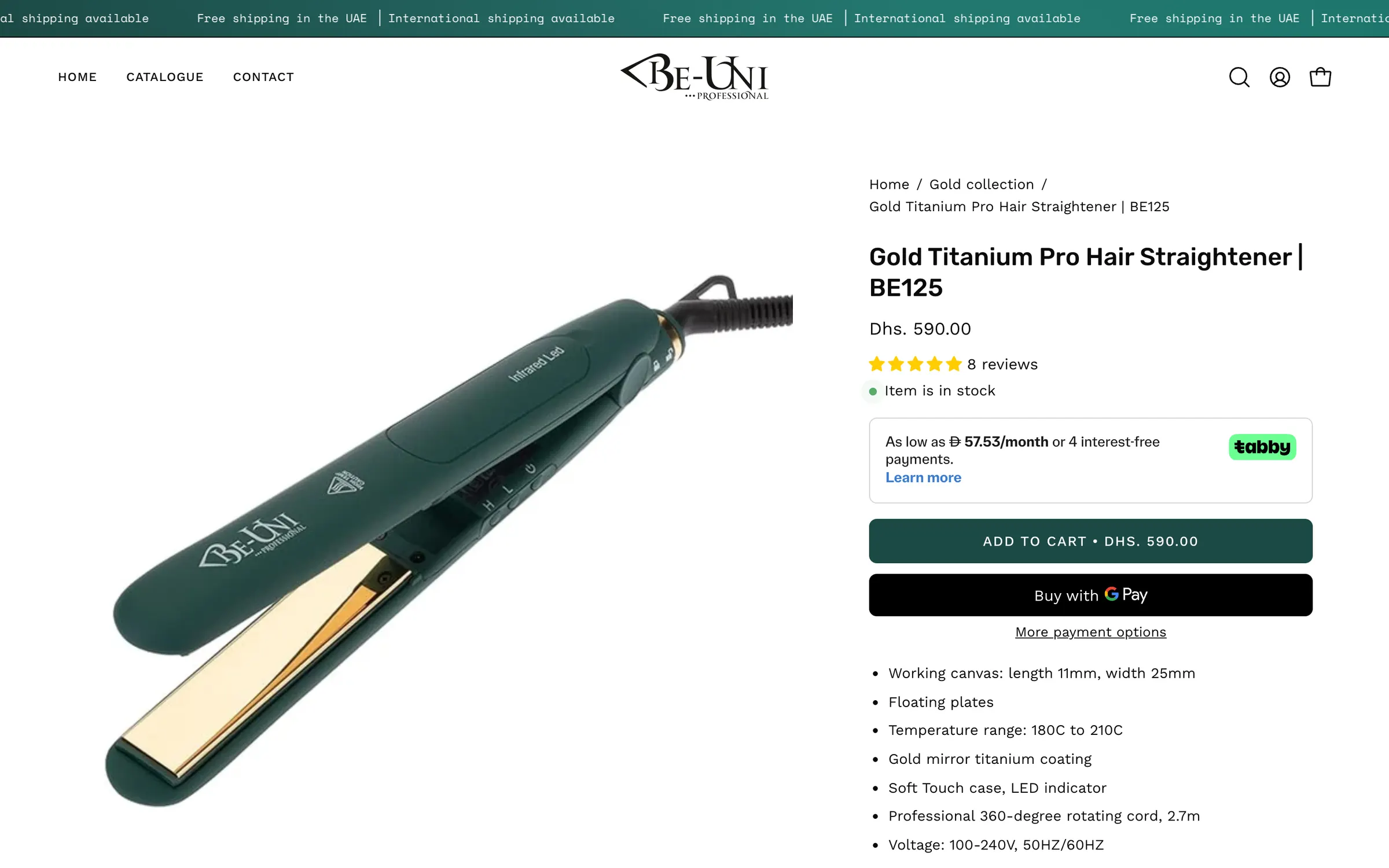 The product page for the Gold Titanium Pro Hair Straightener BE125: the green straightener with gold plates, its price, add to cart and its features