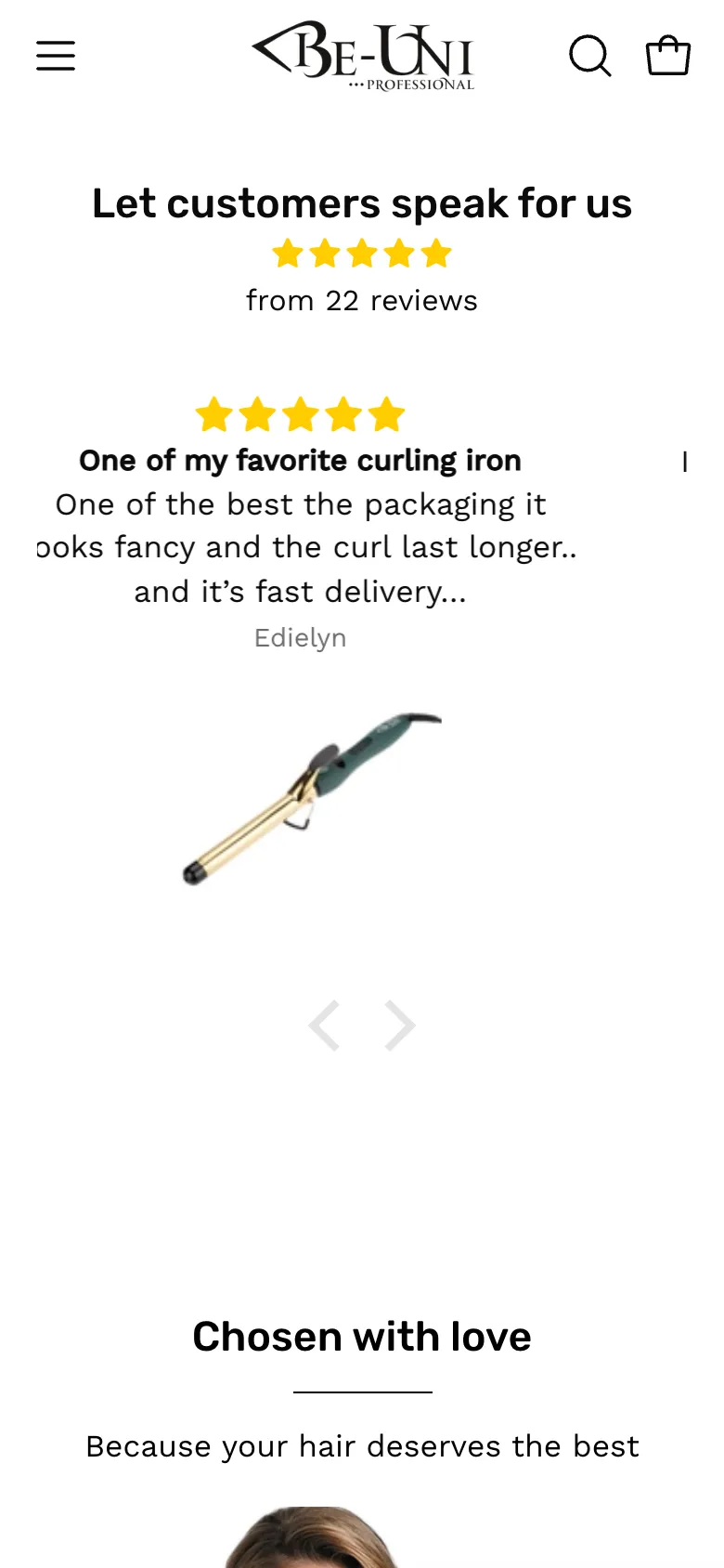 Further down the homepage on a phone: customer reviews with five stars under Let customers speak for us