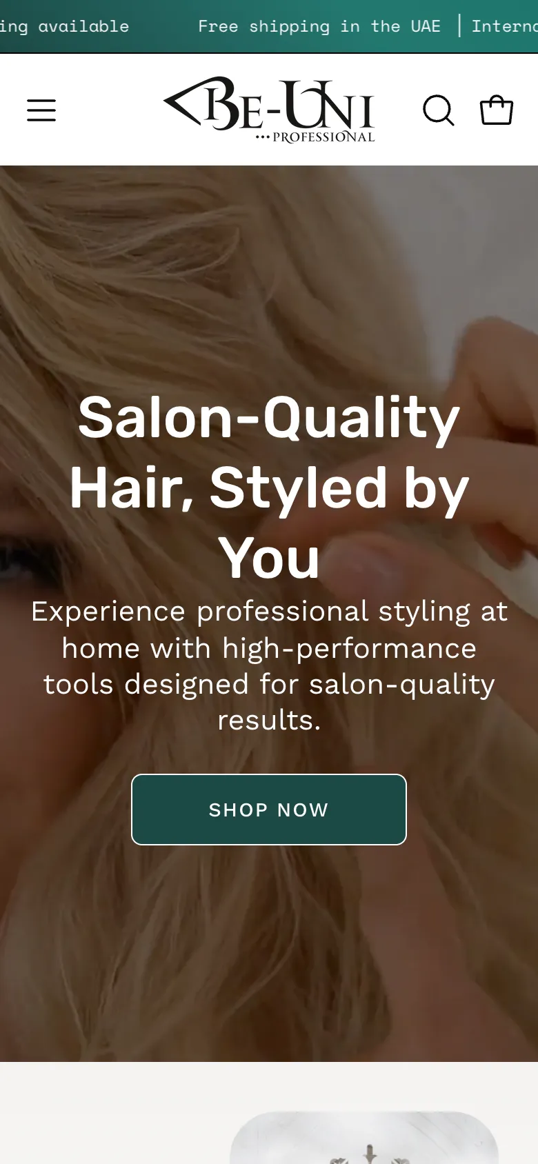 The homepage on a phone: the same headline over a photo of a woman's hair, and a Shop Now button
