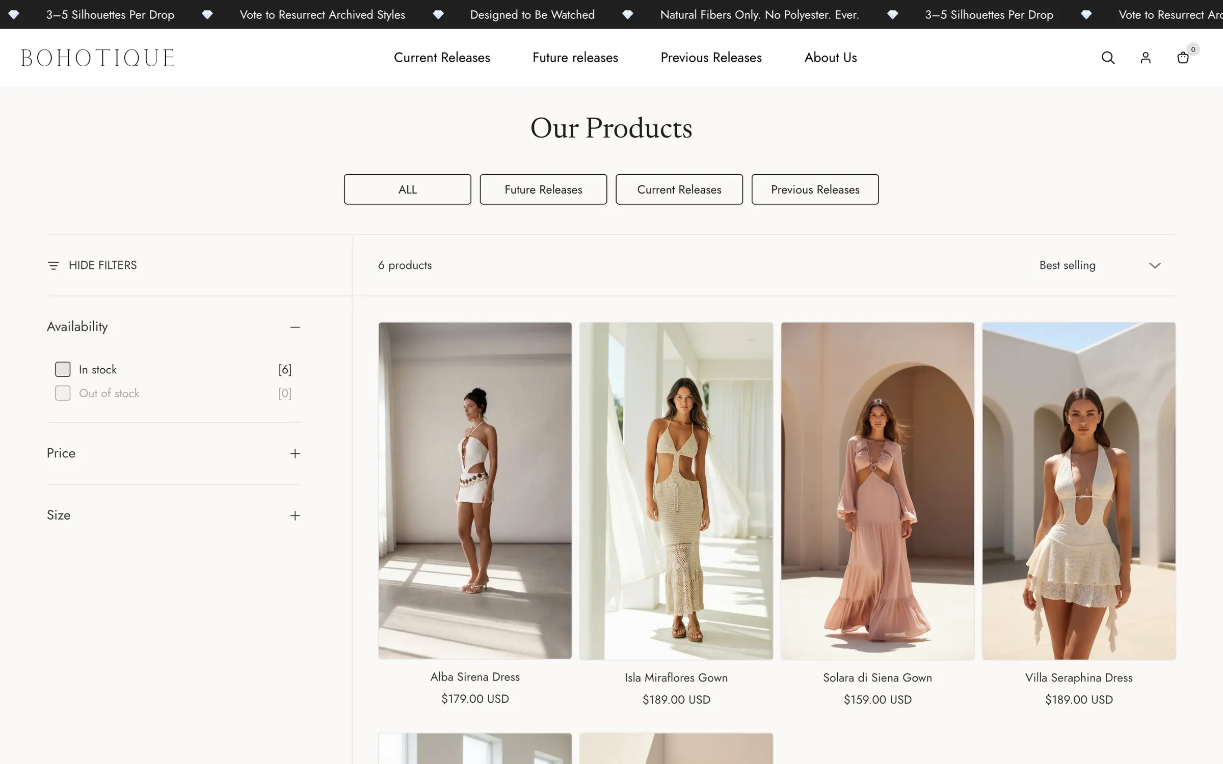 Our Products: tabs for all, future, current and previous releases, and cream and blush dresses with their prices
