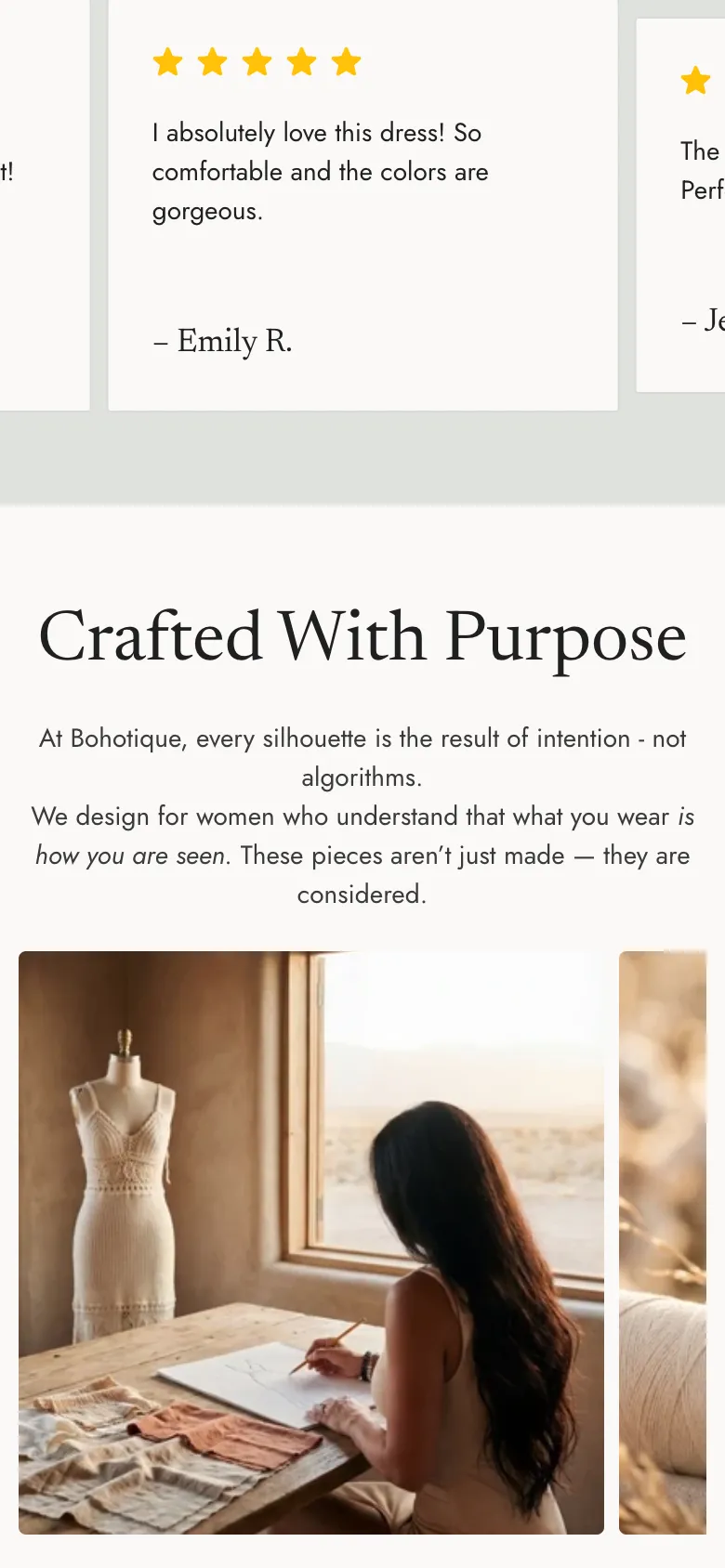 Further down the homepage on a phone: a customer's review, then Crafted With Purpose and a woman at a dress form