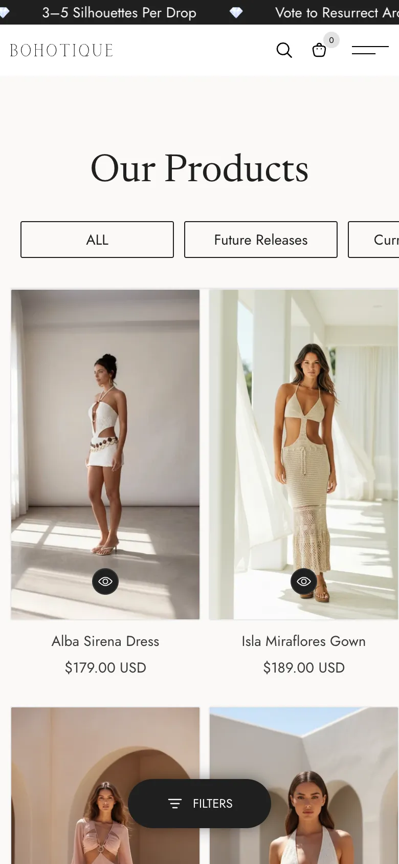 Our Products on a phone: the Alba Sirena Dress and the Isla Miraflores Gown with their prices