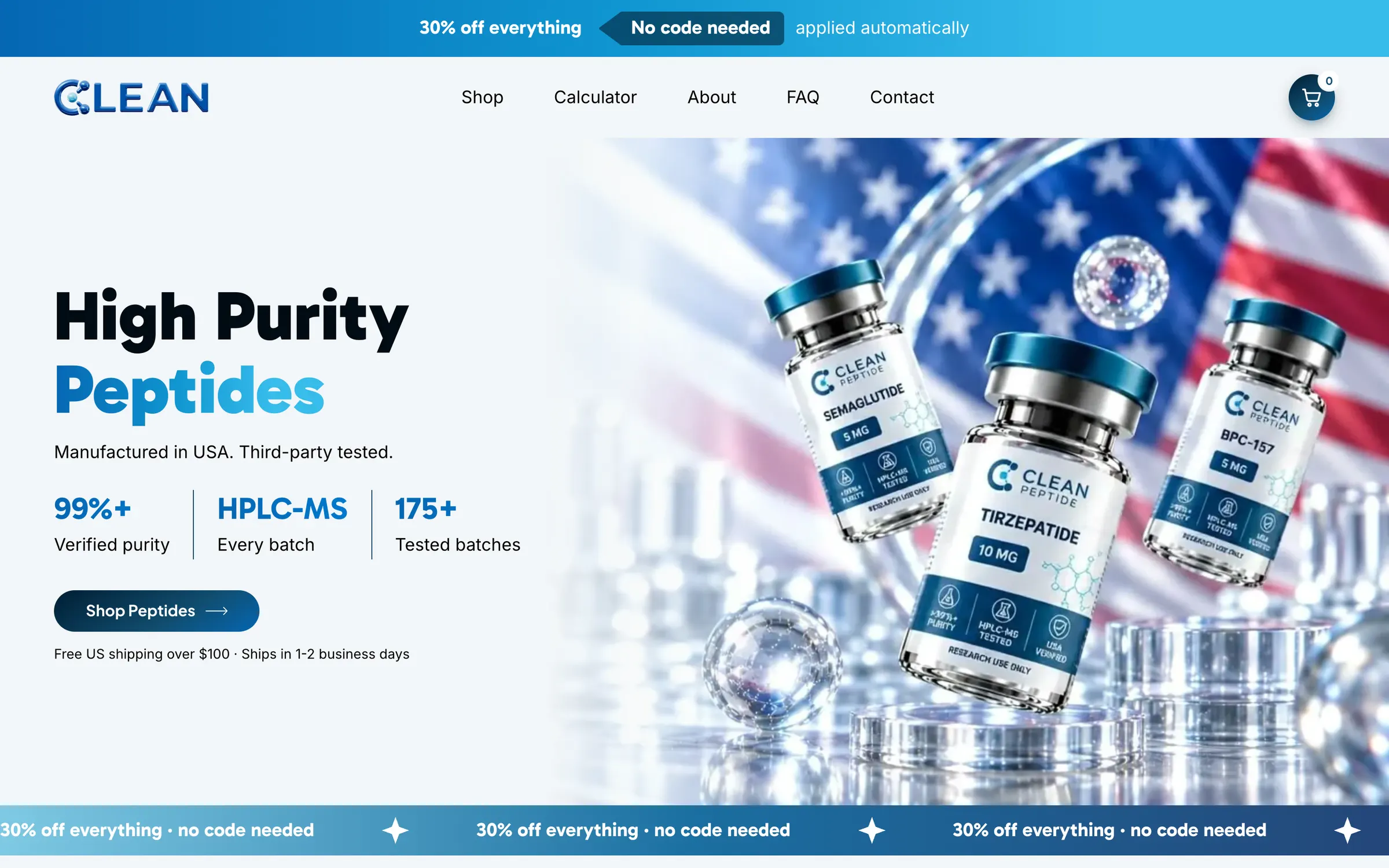The Clean homepage: High Purity Peptides beside vials in front of a U.S. flag, three headline figures and a Shop Peptides button
