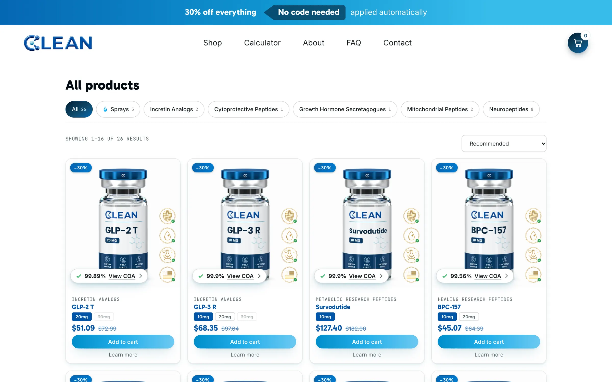 All products: blue and white vials with their prices, each with a link to its certificate of analysis