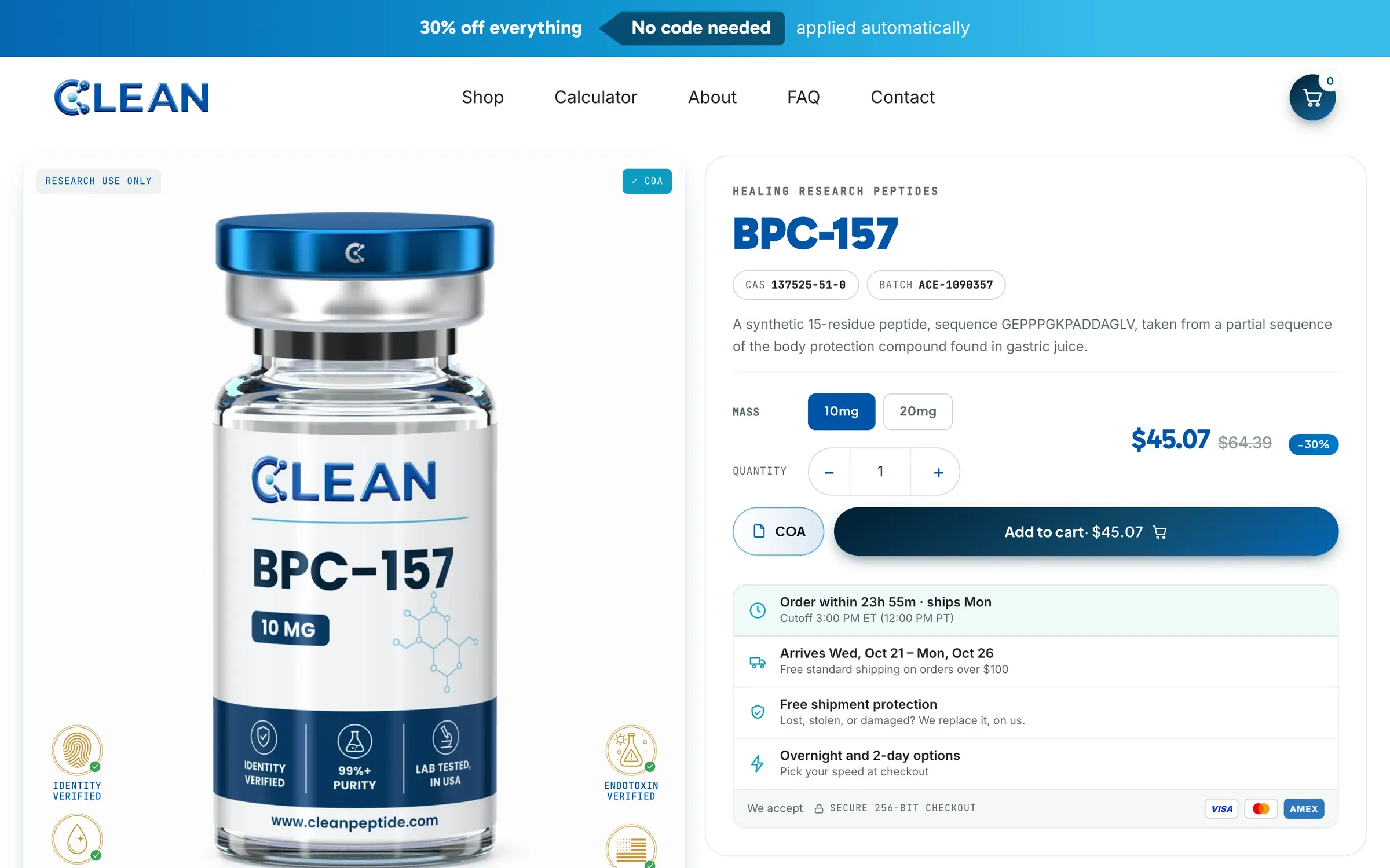 The BPC-157 product page: the vial, its price, its batch and a COA button