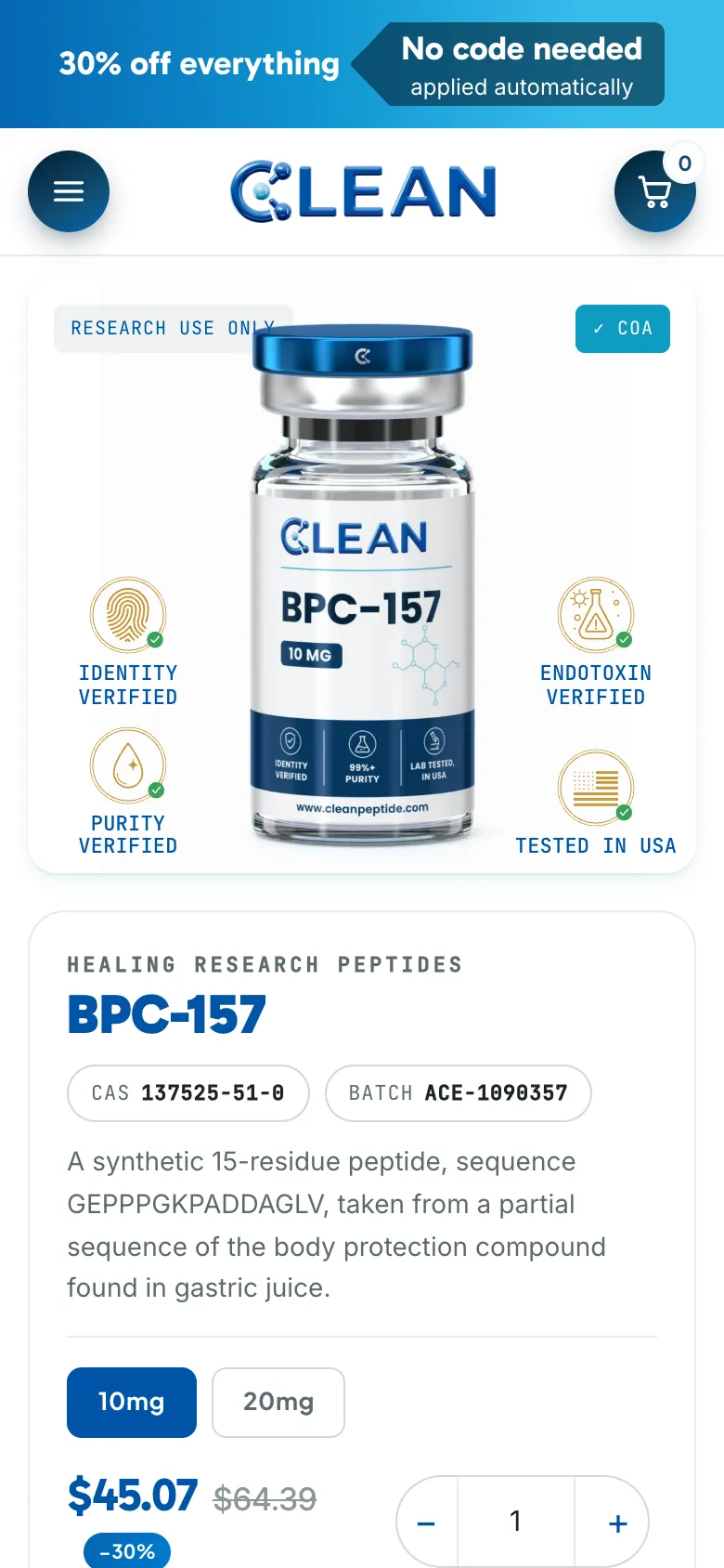 The BPC-157 product page on a phone