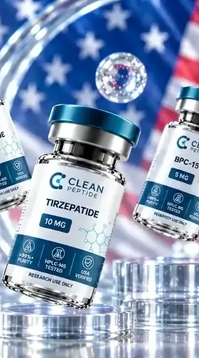 Vials of Clean research peptides in front of a U.S. flag