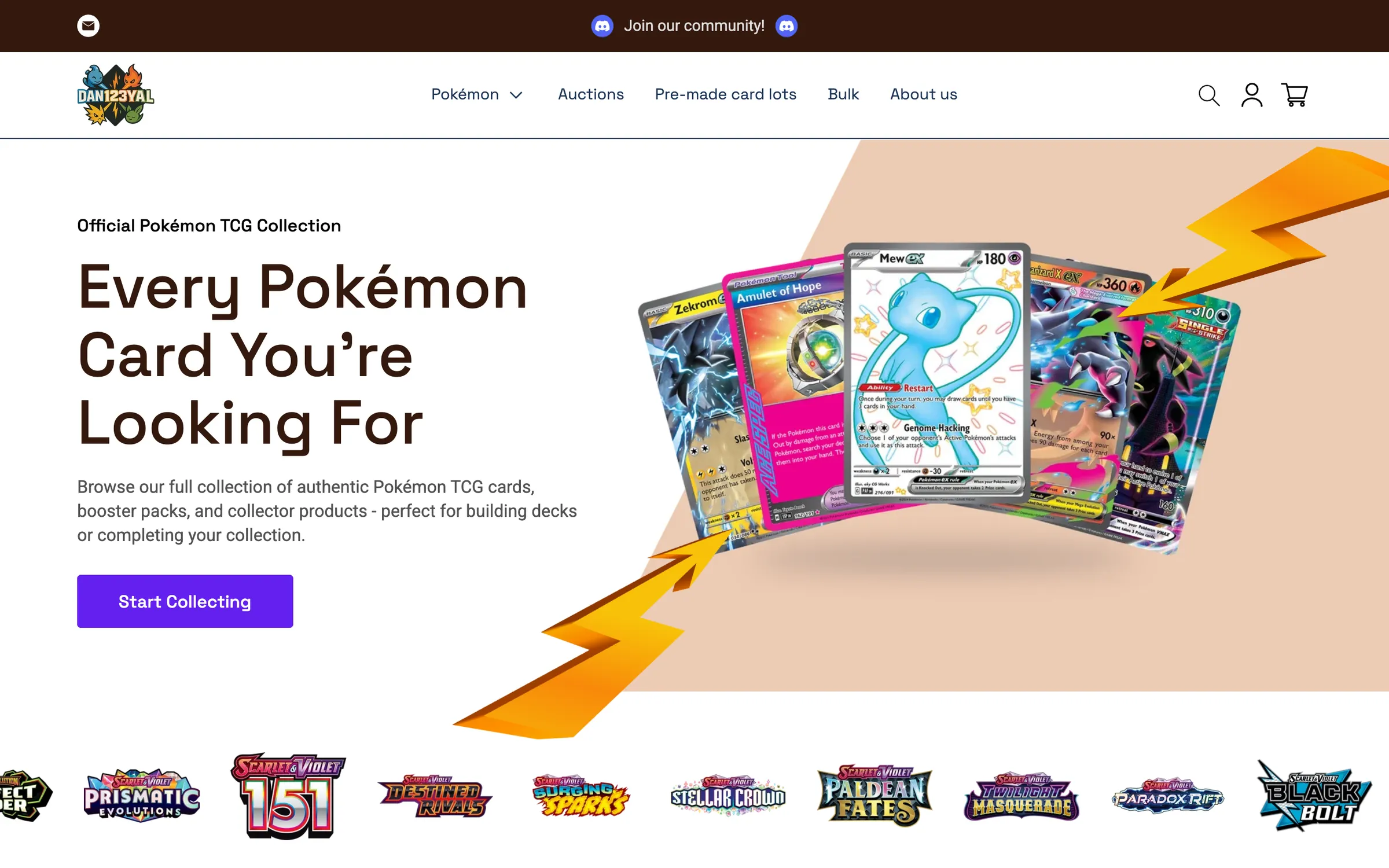 The Dan123yal Toys+ homepage: Every Pokémon Card You’re Looking For, beside a fan of cards on peach, with a Start Collecting button and a row of set logos
