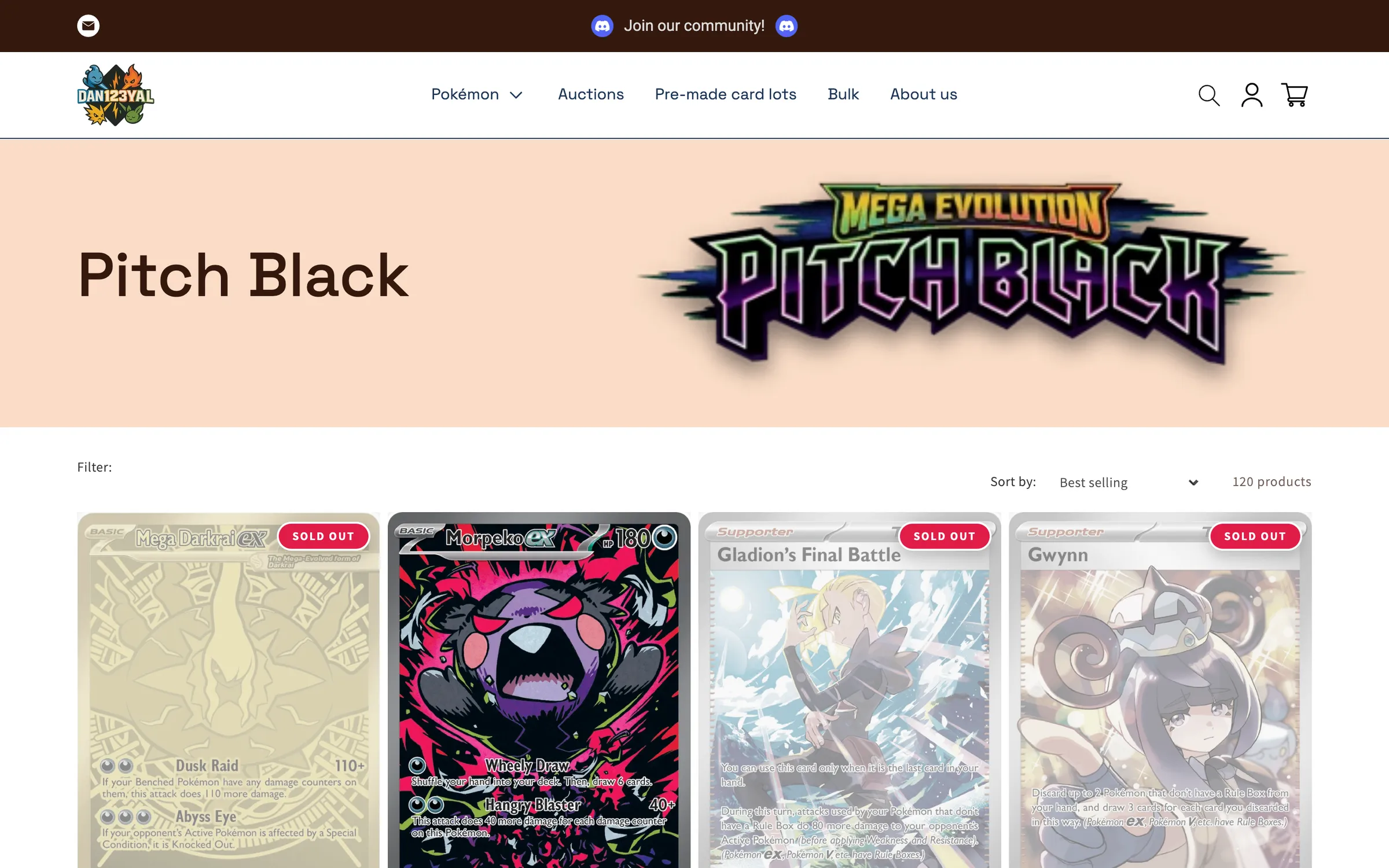 The Pitch Black collection: the set's logo on peach above its cards, some of them sold out