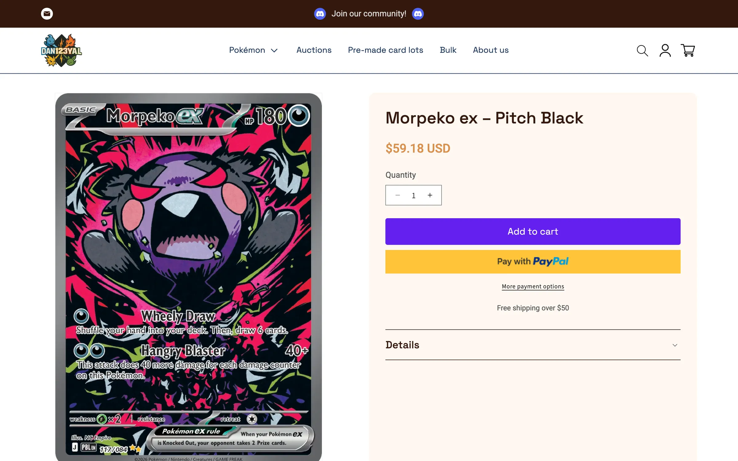 The product page for Morpeko ex from Pitch Black: the card, its price, the quantity, add to cart and PayPal