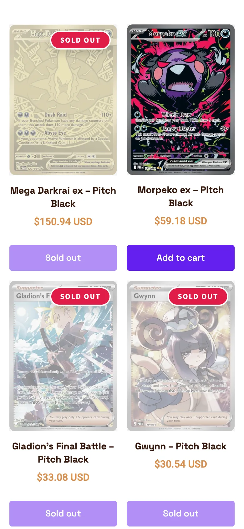 Further down the homepage on a phone: cards two to a row, with their prices and add to cart or sold out
