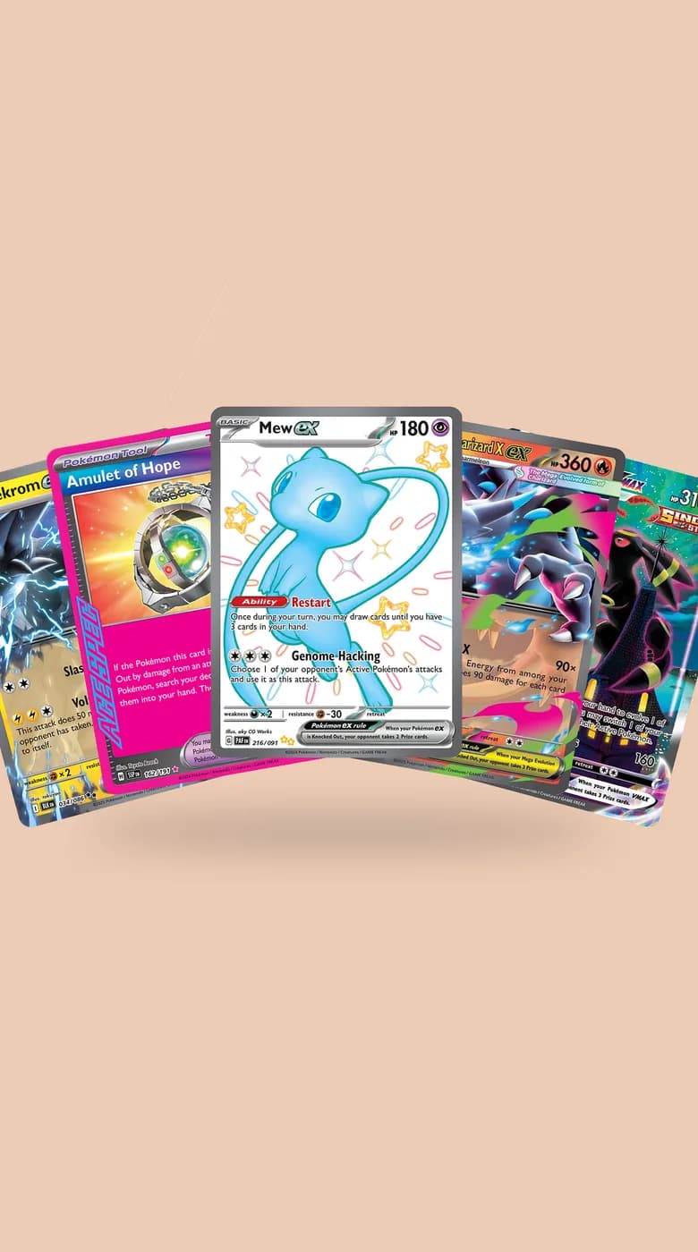 A fan of Pokémon cards with Mew ex in front, on the peach of the Dan123yal Toys+ homepage