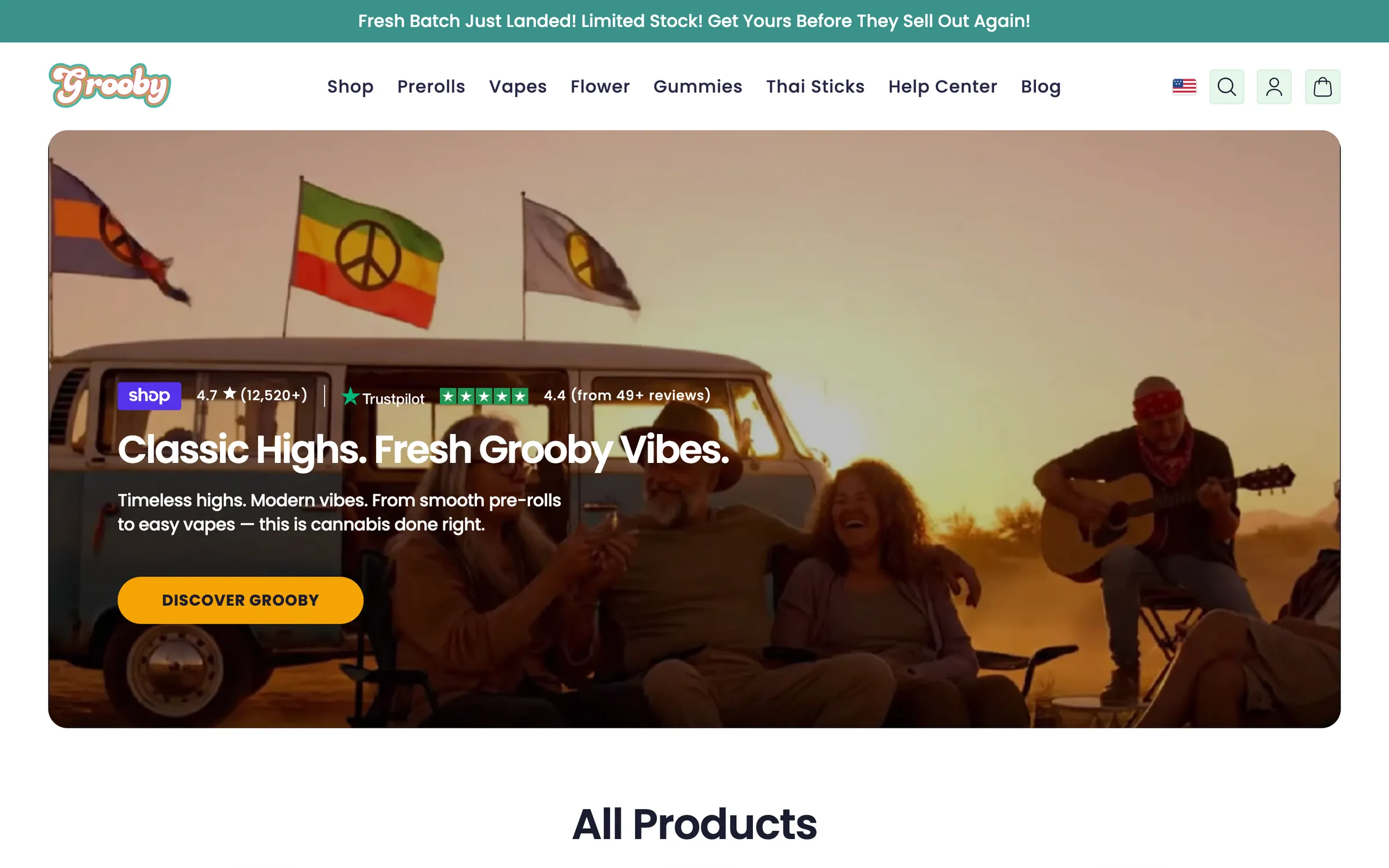 The Grooby homepage: friends by a camper van at sunset under Classic Highs. Fresh Grooby Vibes., a Discover Grooby button, then All Products