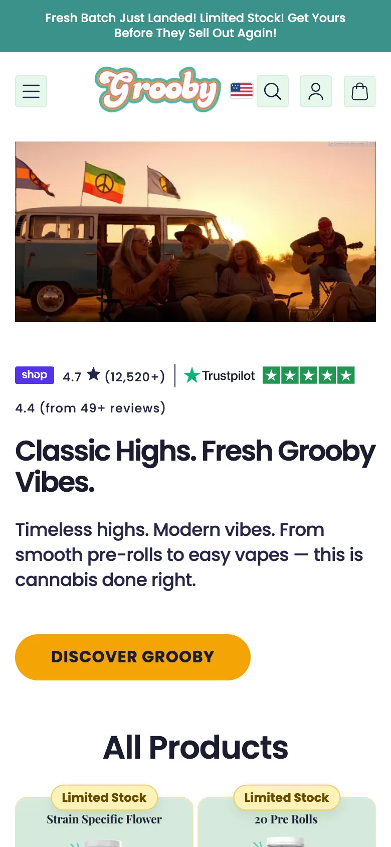 The homepage on a phone: the camper van photo, the headline and Discover Grooby