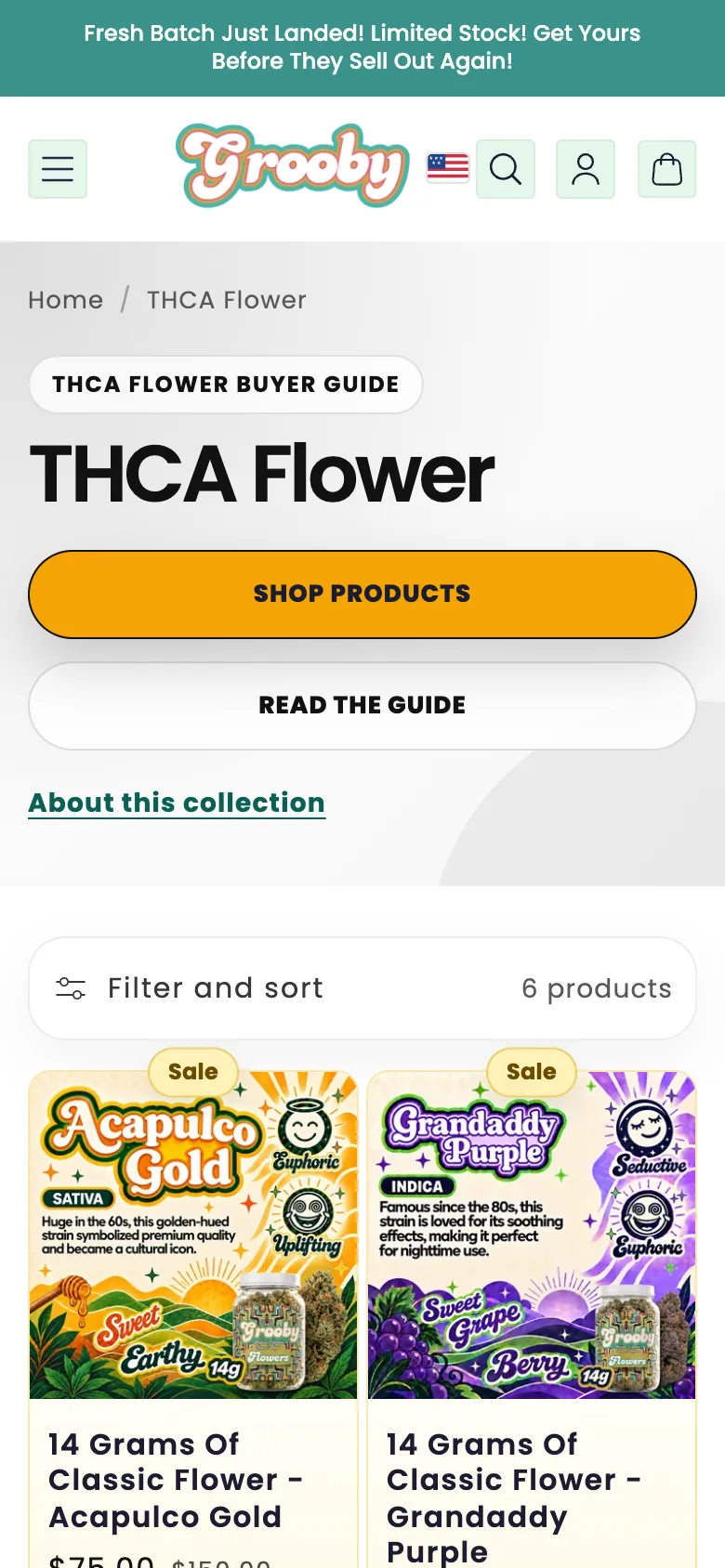 The THCA Flower collection on a phone, with its products