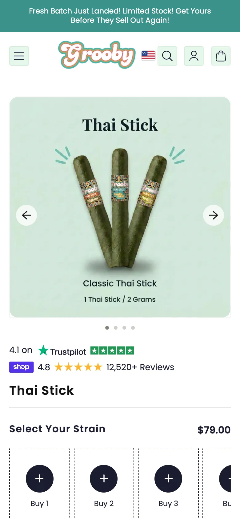 The Thai Stick product page on a phone