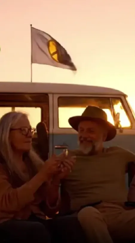 Friends around a vintage camper van at sunset, with peace flags and a guitar