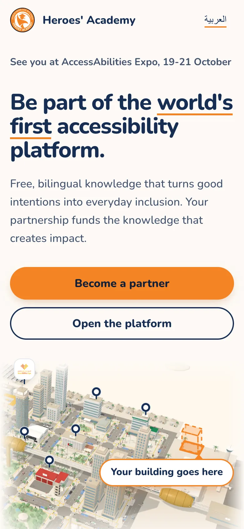 The page on a phone: the headline, Become a partner, Open the platform and the city