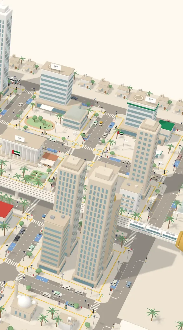 The Heroes’ Academy city in 3D: towers, parks, a metro line and an airport