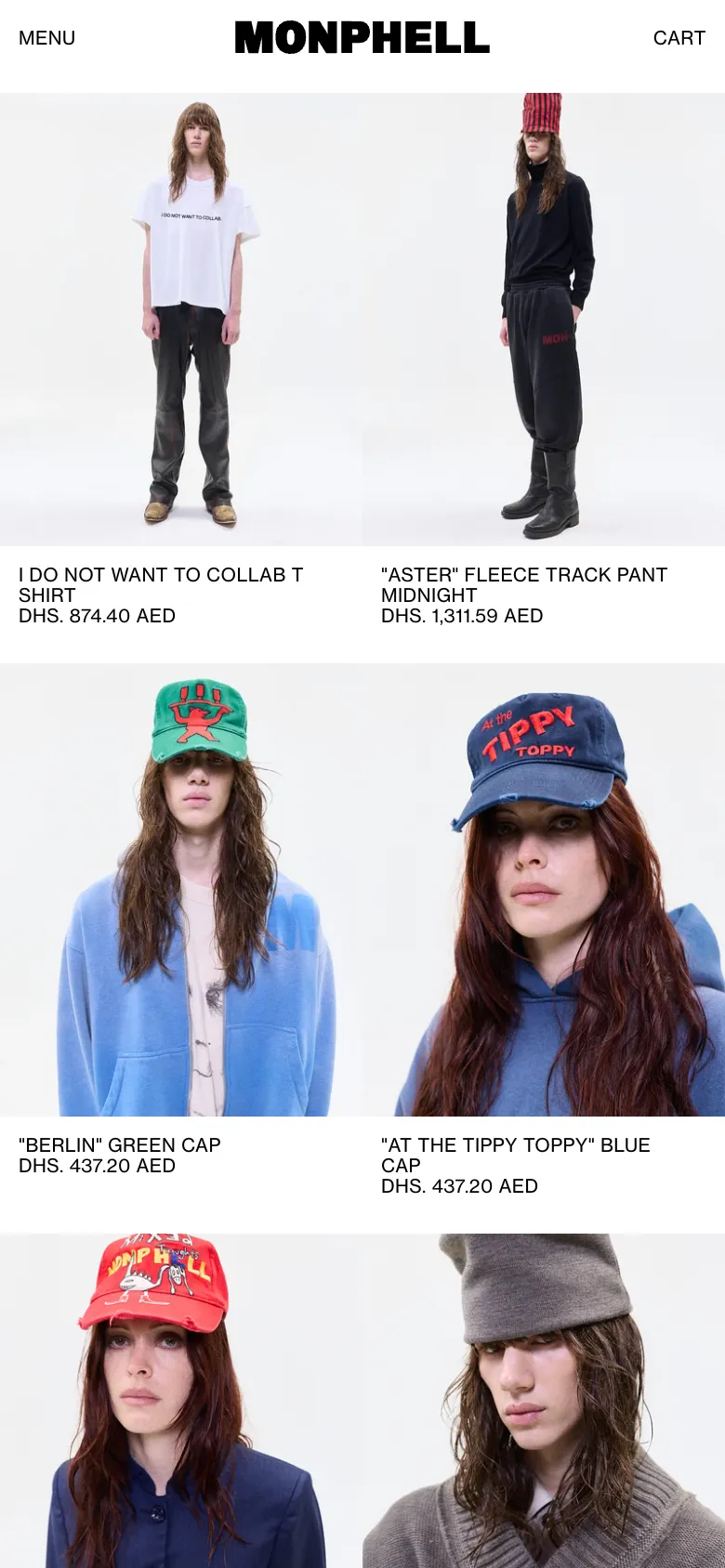 The shop on a phone: models in a t-shirt, fleece track pants and caps, with names and prices