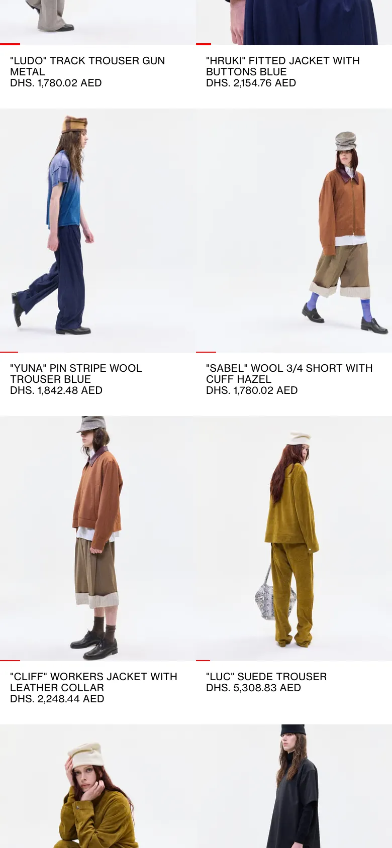 Further down on a phone: models in track trousers, a fitted jacket and wool shorts, with names and prices