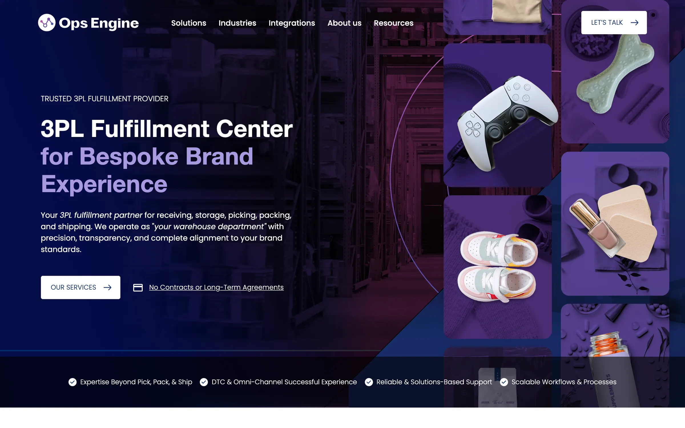 The Ops Engine homepage: 3PL Fulfillment Center for Bespoke Brand Experience on deep blue, beside product photos of a game controller and sneakers on violet