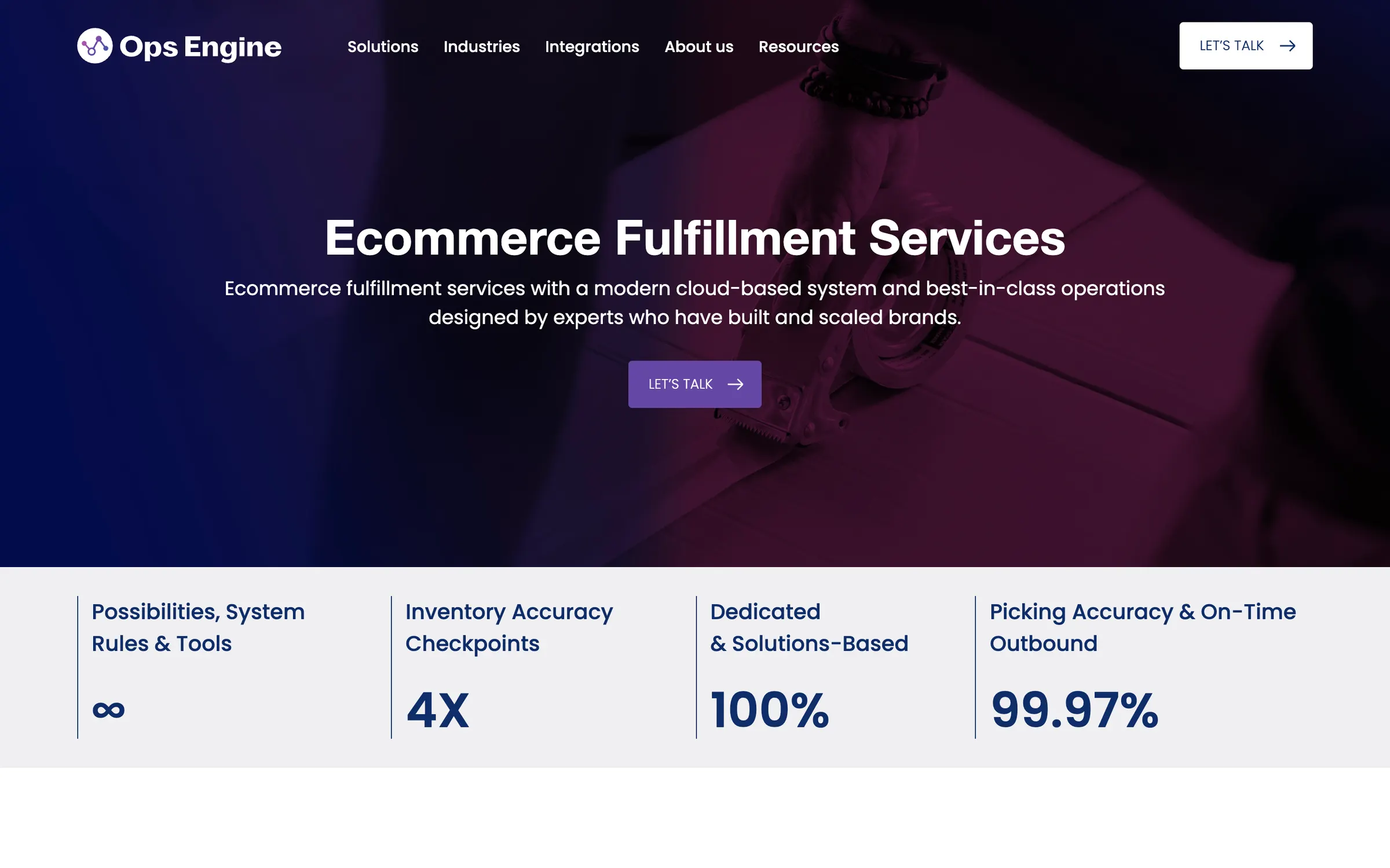 The Ecommerce Fulfillment Services page: its headline and a let's talk button, above a row of four headline figures
