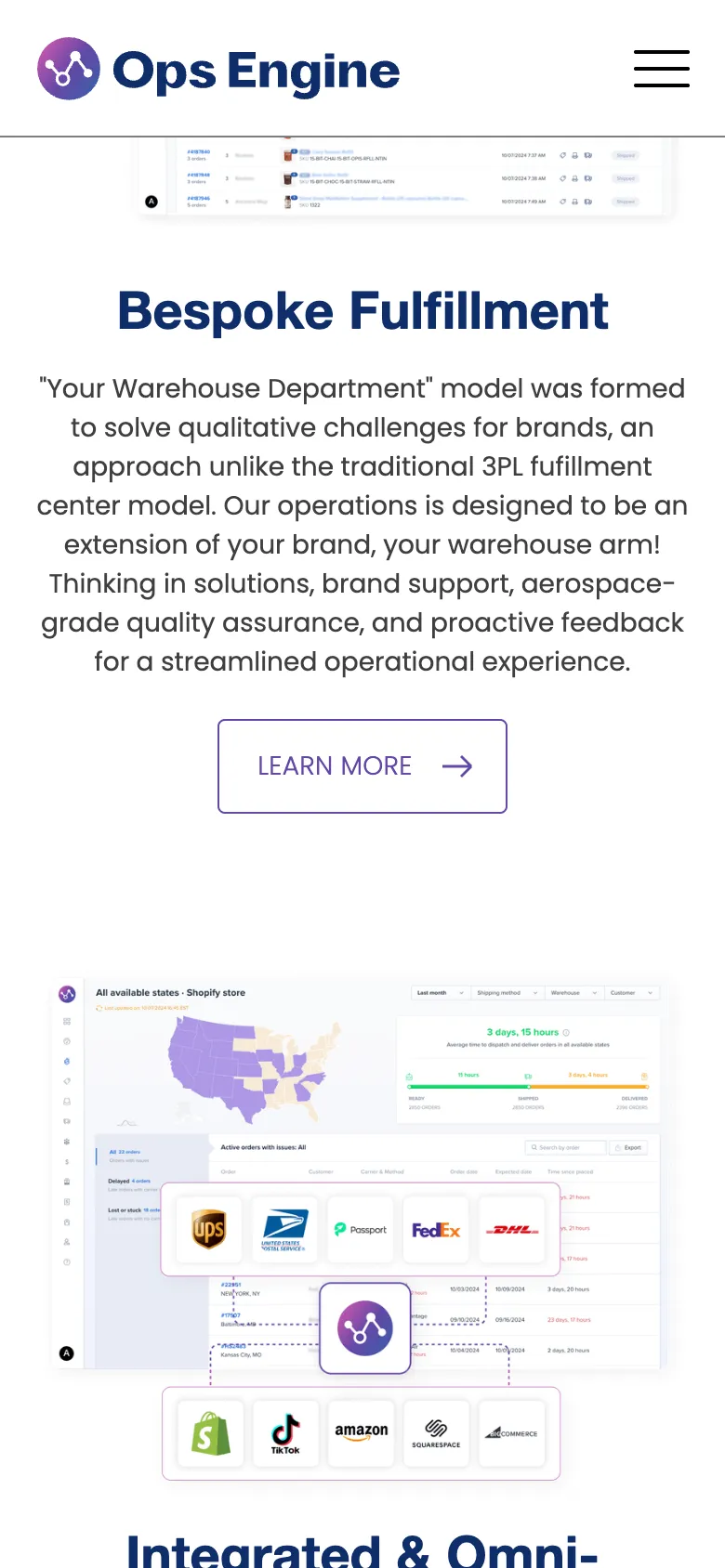 Further down the homepage on a phone: Bespoke Fulfillment, with a learn more button and a dashboard picture