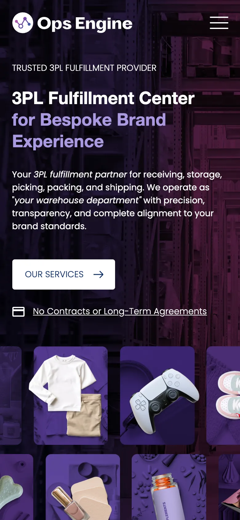 The homepage on a phone: the headline, an Our Services button and rows of product photos
