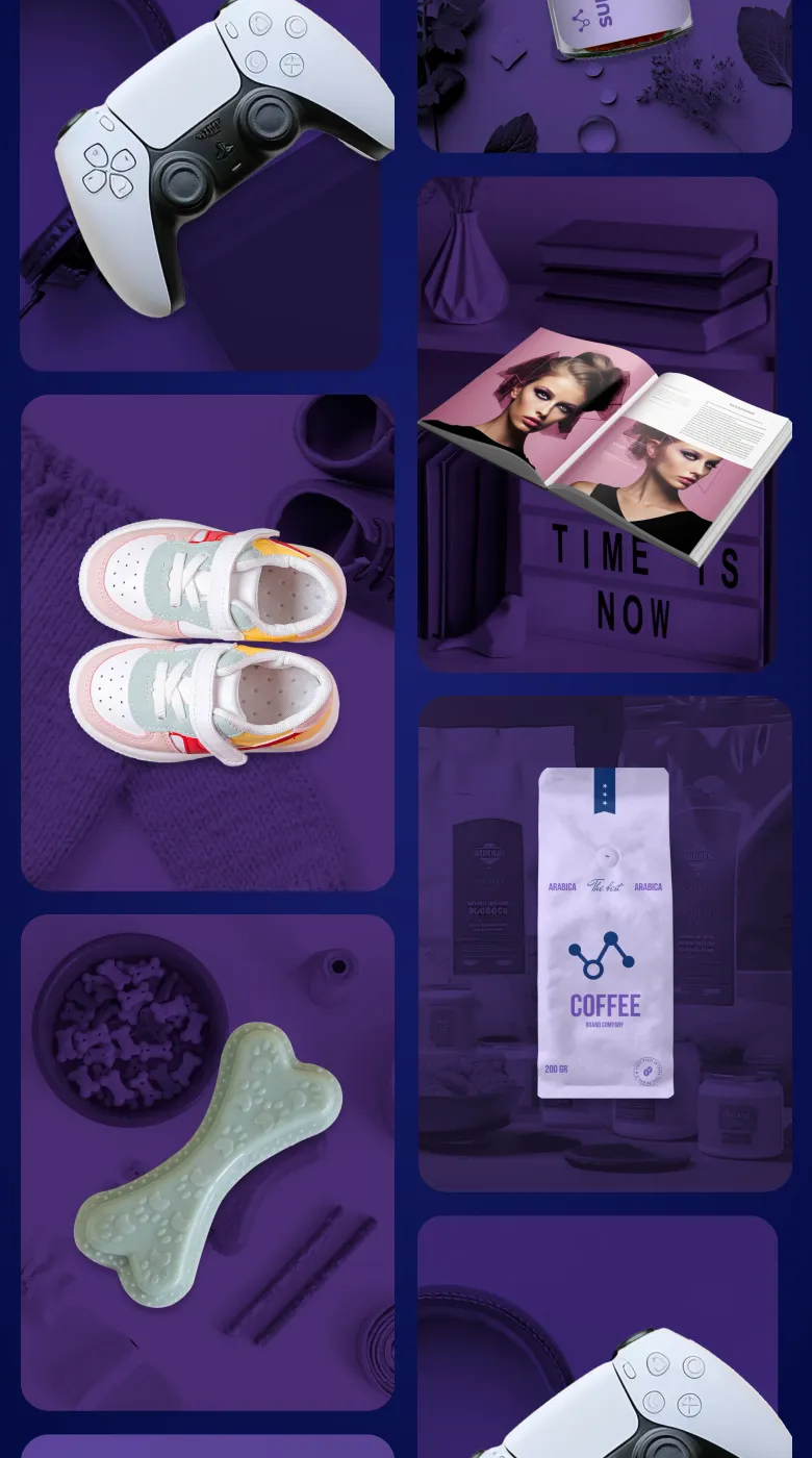 Product photos from the Ops Engine site in staggered columns on violet: a game controller, sneakers, coffee, clothing, magazines and more