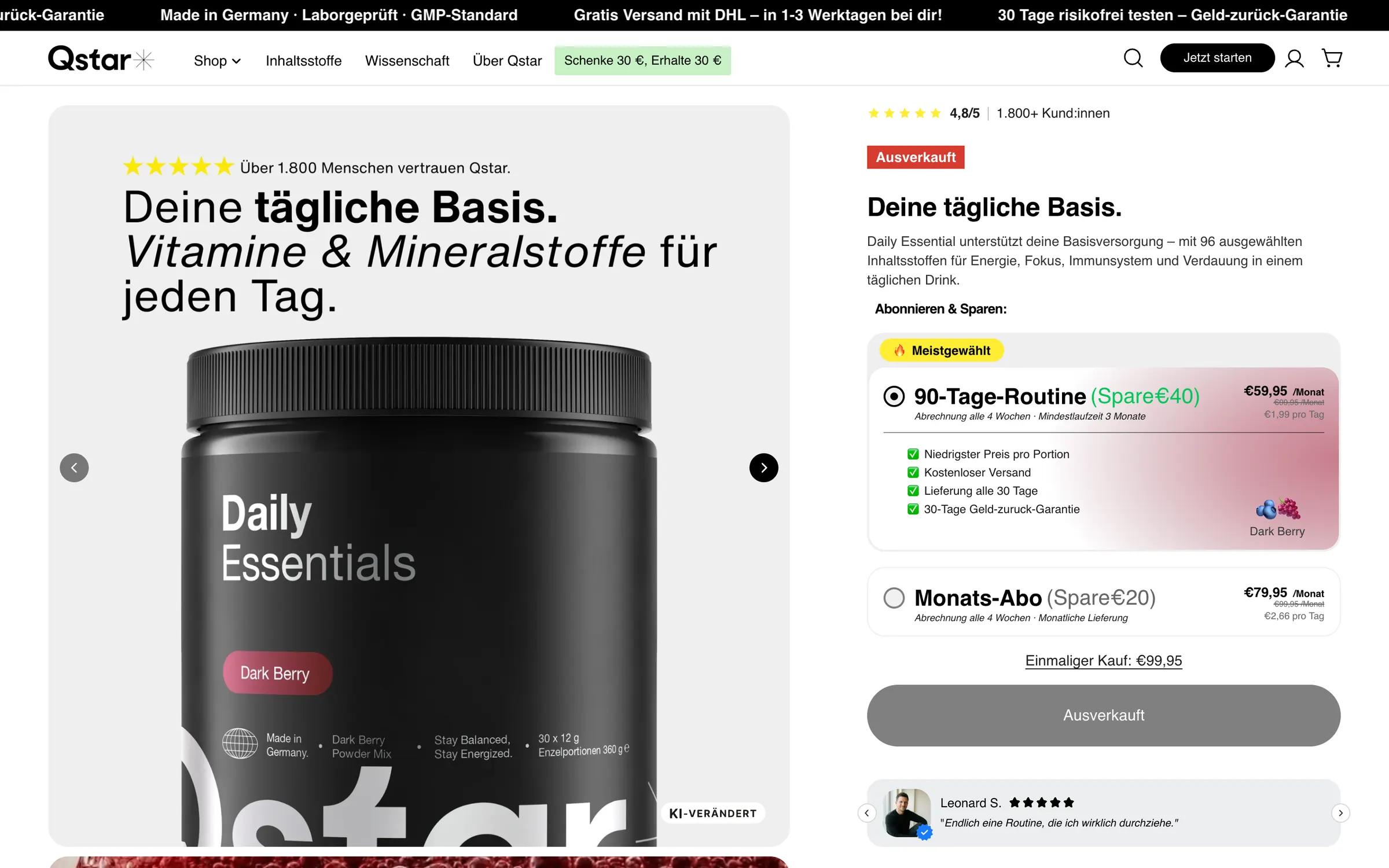 The Daily Essentials product page in German: the black tub, a 90 day routine or a monthly subscription, and a customer review