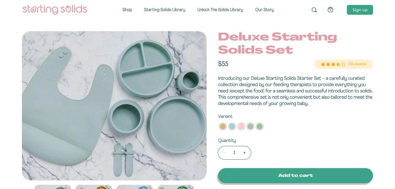 Our design for the Deluxe Starting Solids Set product page: the sage plates and bib, colour variants, quantity and Add to cart