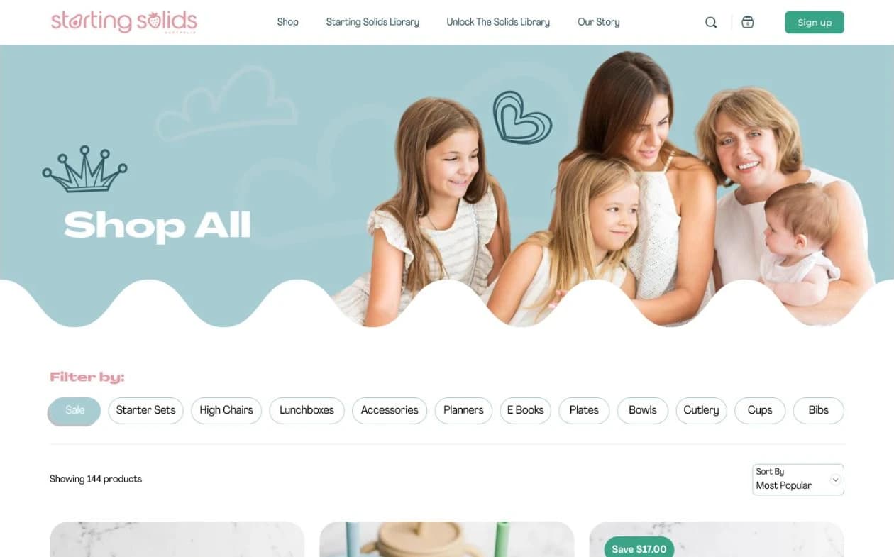 Our design for Shop All: a family around a baby on blue, then filters from starter sets and high chairs to cups and bibs