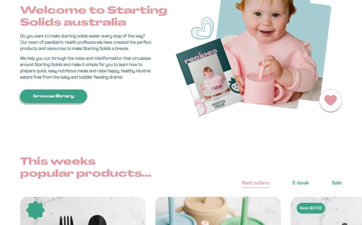 Further down the homepage design: Welcome to Starting Solids australia beside a baby with a pink cup and a recipe book, then this week's popular products