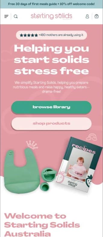 The homepage design on a phone: the same headline, browse library and shop products, then a green bib and the recipe book