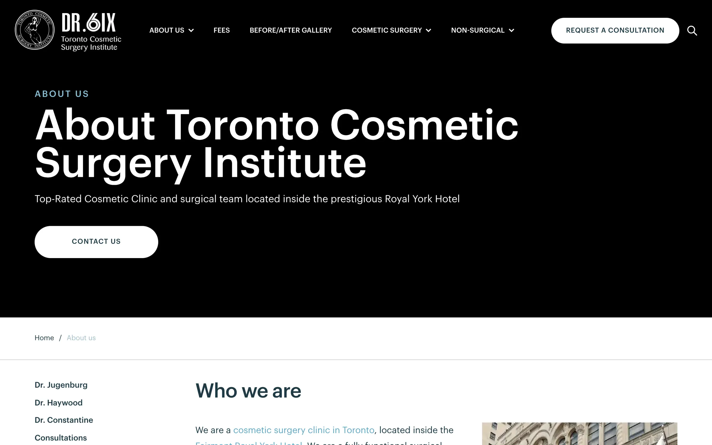 The about page: About Toronto Cosmetic Surgery Institute, with a contact button and the start of Who we are