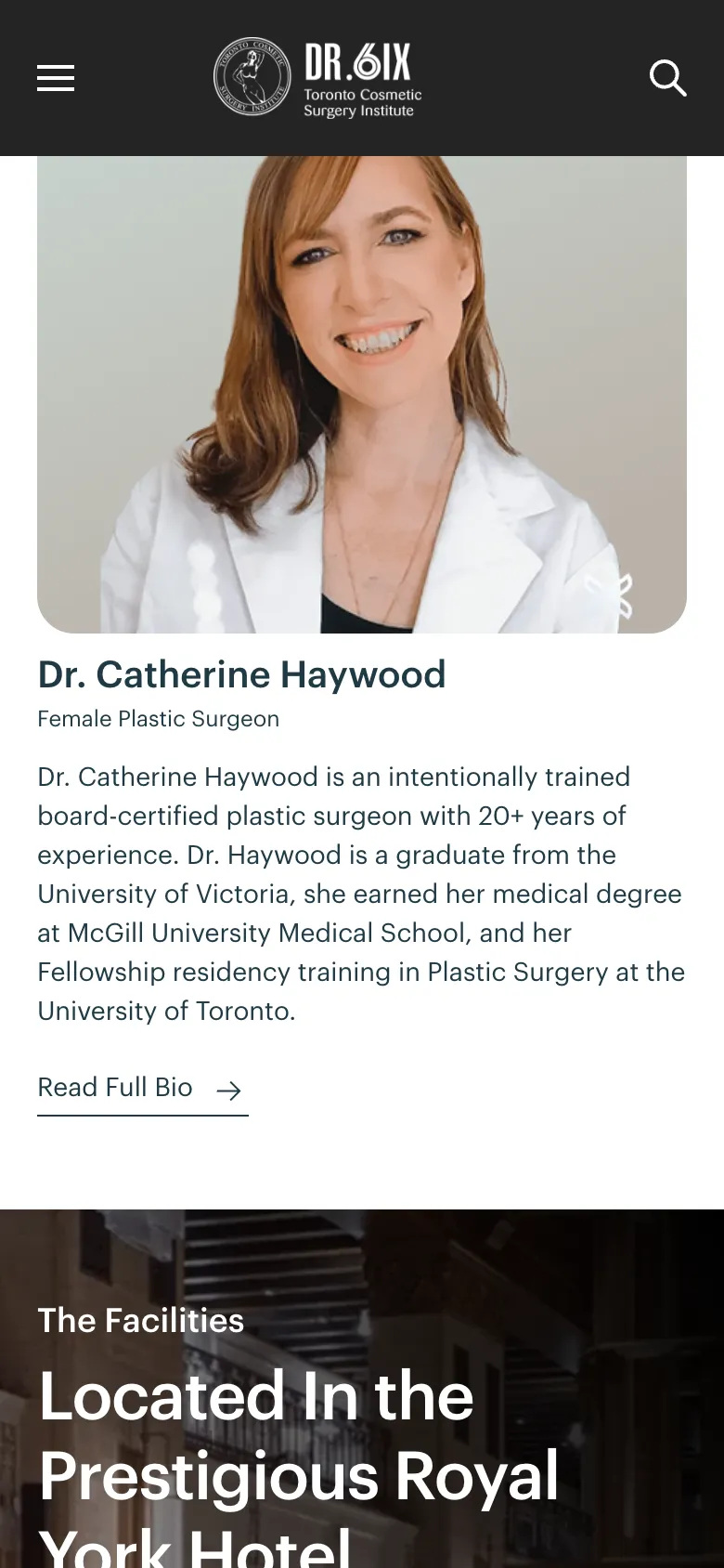 Further down the homepage on a phone: Dr. Catherine Haywood's profile, then the Royal York Hotel section