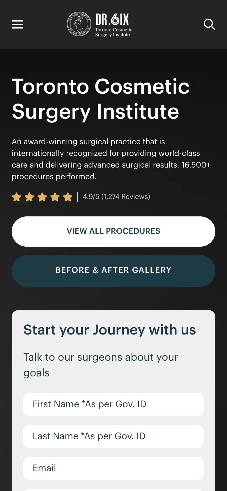 The homepage on a phone: the title, links to all procedures and the before and after gallery, and the consultation form